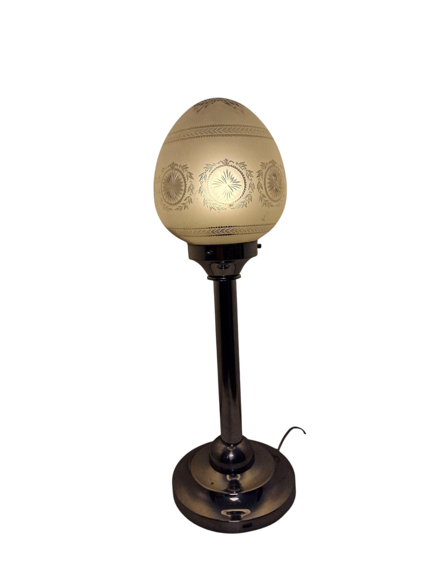 Vintage 1920s Art Deco Table Lamp – Etched Frosted Glass, Nickel-Plated