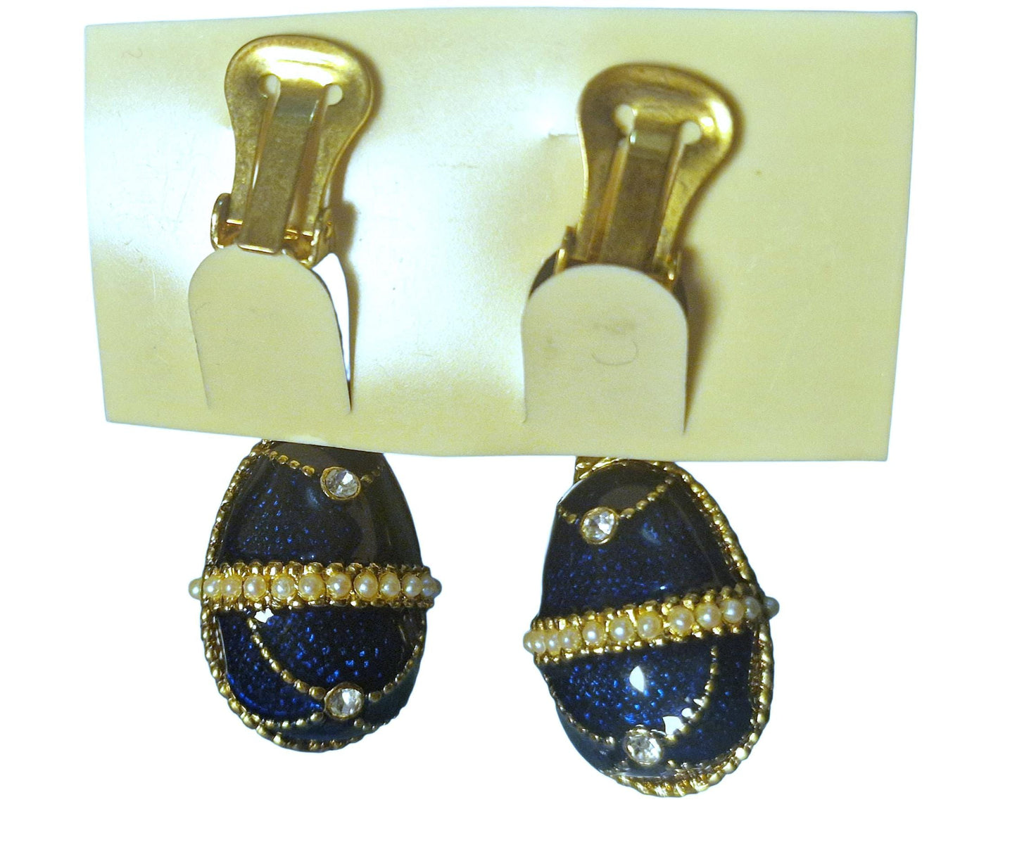 Vintage Fabergé Style Egg Drop Earrings, Sapphire Blue Guilloche Enamel