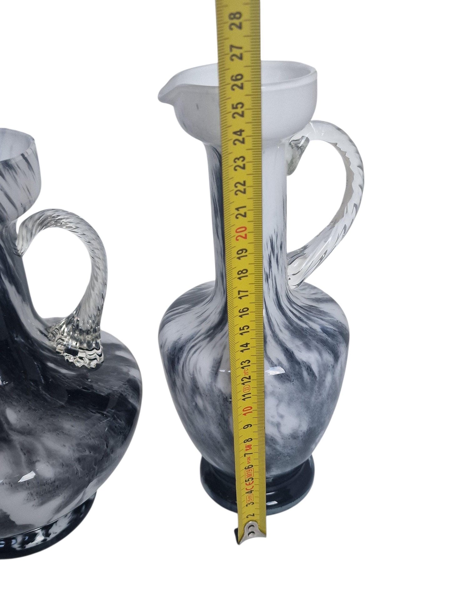 Vintage Josefinenhütte Art Glass Pitchers: Black & White Handblown Vases