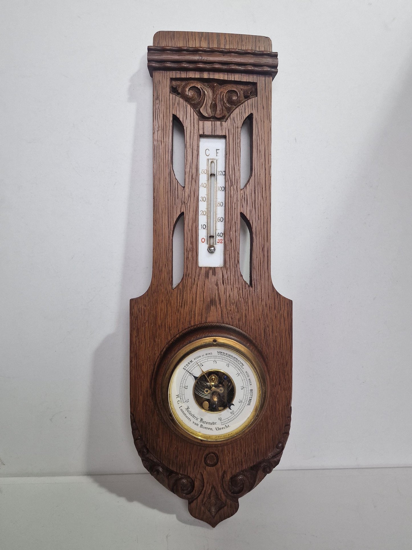 Antique Art Nouveau Barometer, Lammers van Bueren, Utrecht, Netherlands, Carved holosterie weatherstation thermometer jugendstil,