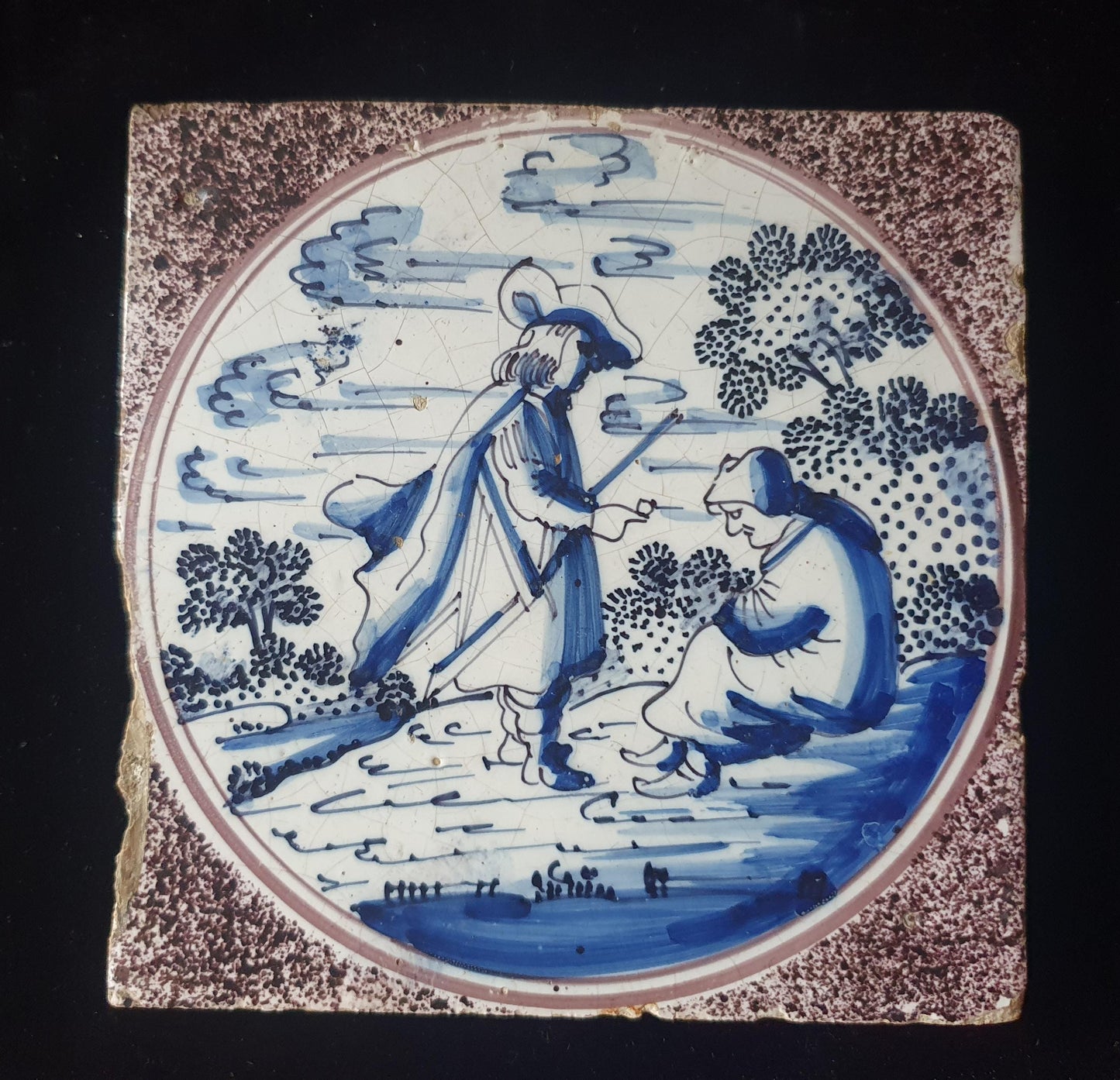 Antieke Delftse tegel op gesprenkeld fond, Juda en Tamar; Dutch 17e eeuw, verzameltegel, backsplash, fireplace, mangaan sprenkeltechniek.