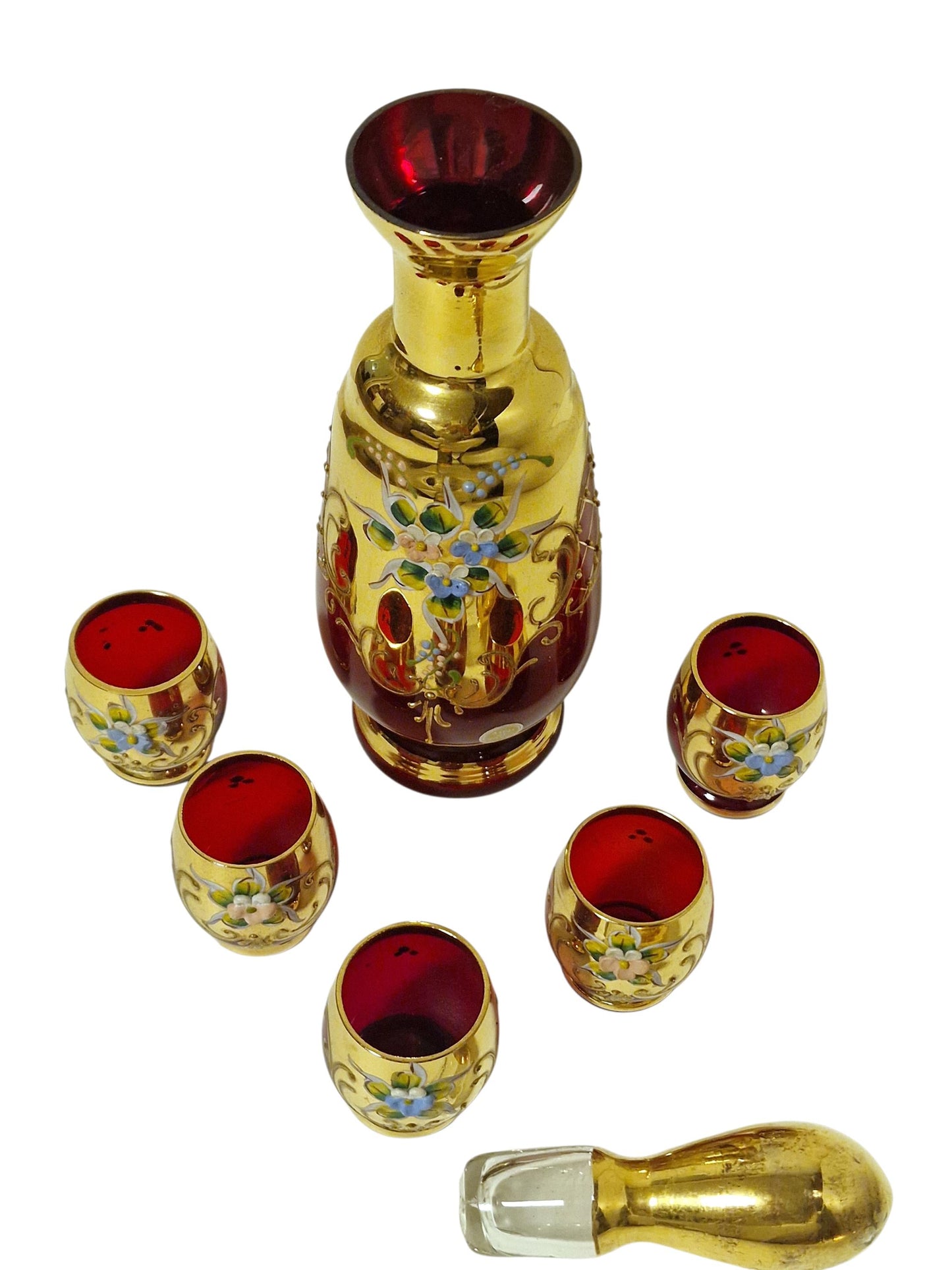 Murano Venetian Decanter & Glasses Set, 24K Gold ruby red Hand-Painted Liquor Carafe, Mid-Century Italy
