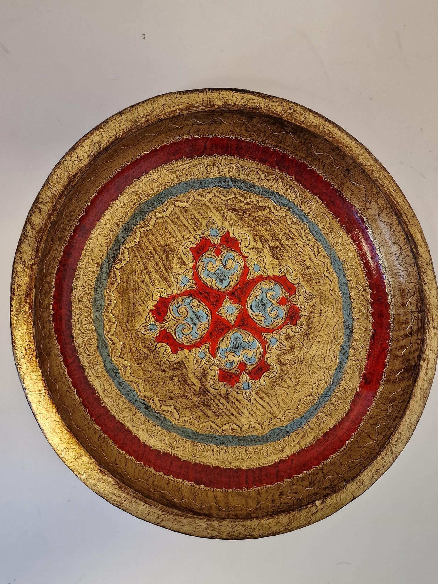 Vintage Florentine Platter Bowl, Gold Red Handpainted Wood, 1960s Firenze