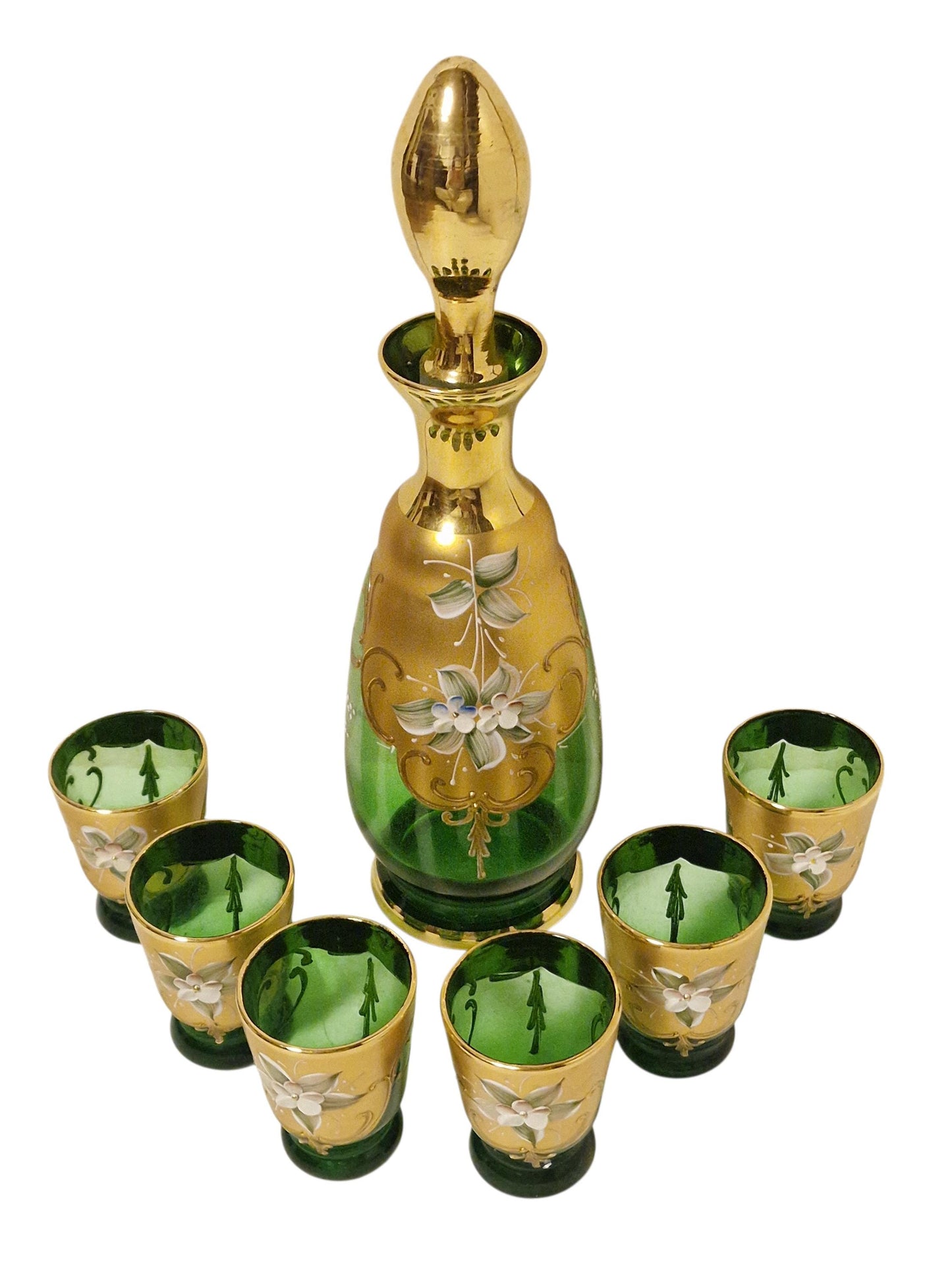 Murano Glass Liqueur Set, Emerald Green Carafe, Venetian Tre Fuochi Gold, MCM