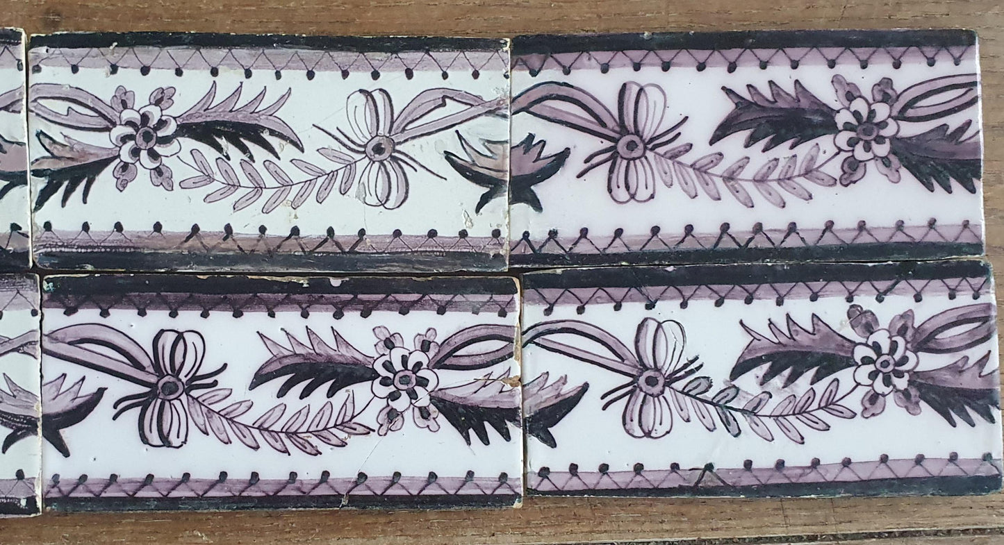 Antique Delft edge Tiles, 18th Century Dutch Wall Panel, Floral Decor set 12