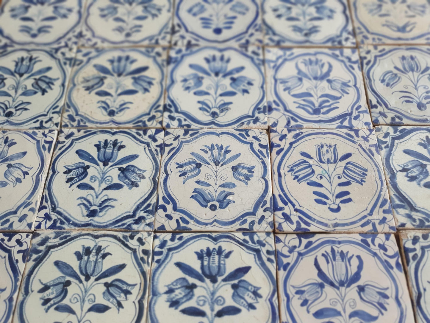 Antique Delft Tulip Tiles, 17th Century Dutch Wall Decor, Set of 20