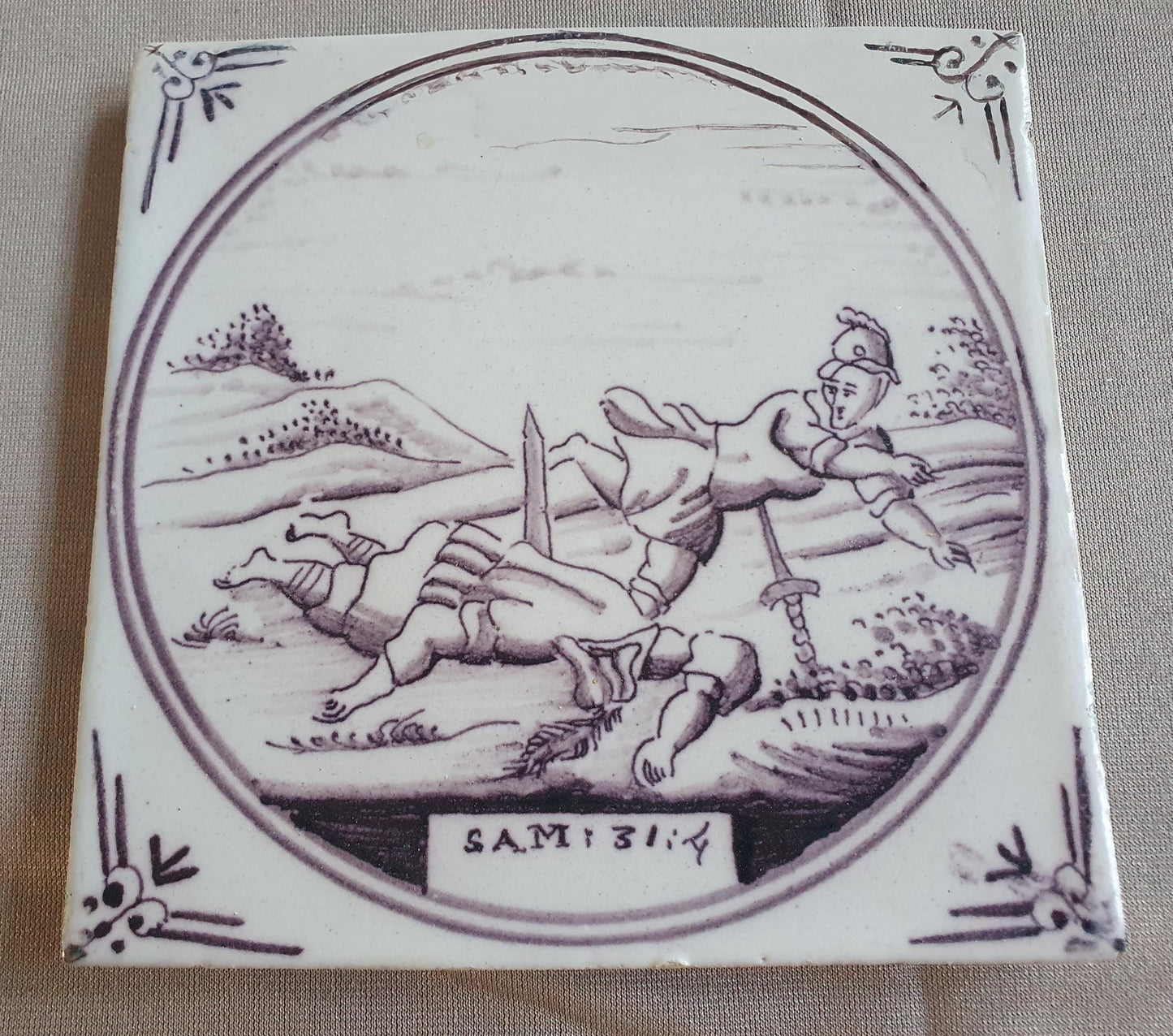 Antique Delft mangaan tile, Biblical Scene, Oxhead Corner Motif, 19th