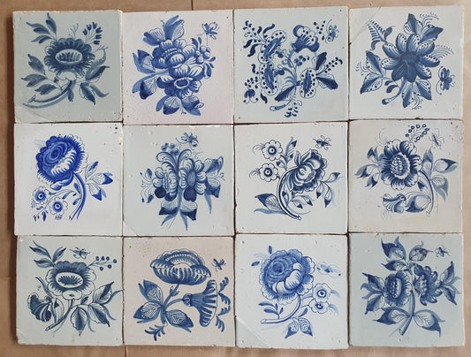 12 Antique Delft Tiles, 18th-19th Century, Floral Blue, 5.1x5.1 inch