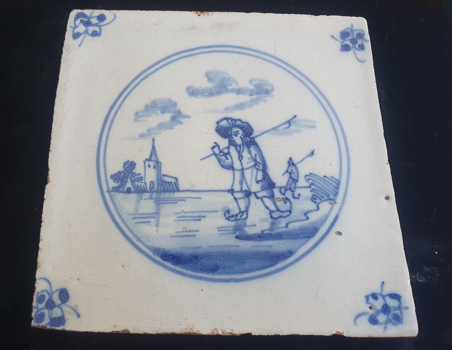 Dutch Delft Blue Tile, Skater, 19th century, antique collectable and backsplash fireplace kitchen tiles