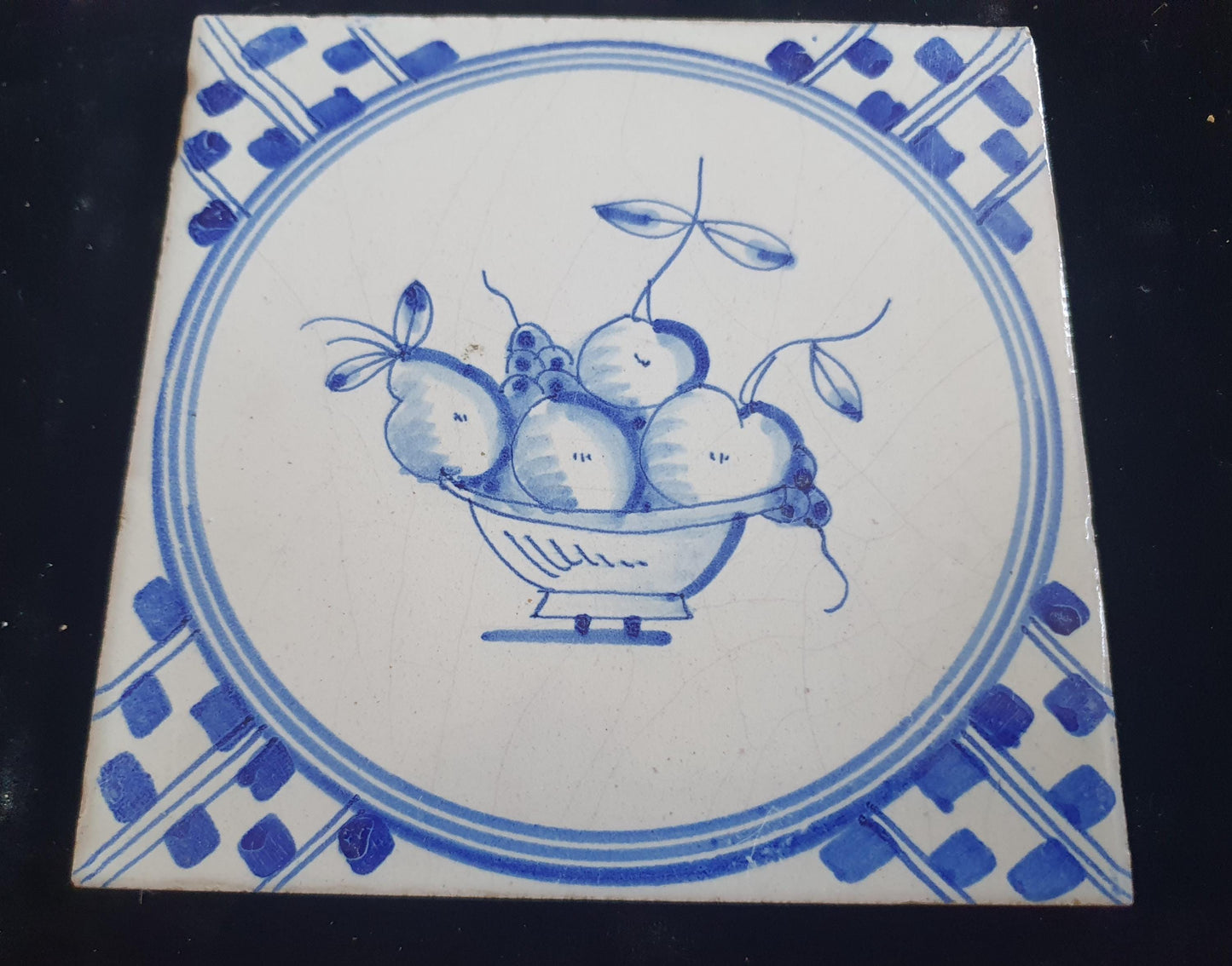 Dutch Delft Blue Tile, Fruit bowl, 19th century, antique collectable and backsplash fireplace kitchen tiles