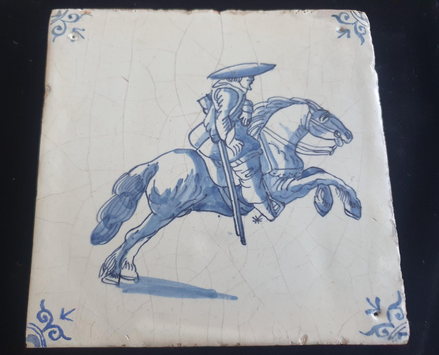 Dutch Delft Blue Tile, Horse rider, figuretile 17th century, antique collectable and backsplash fireplace kitchen tiles