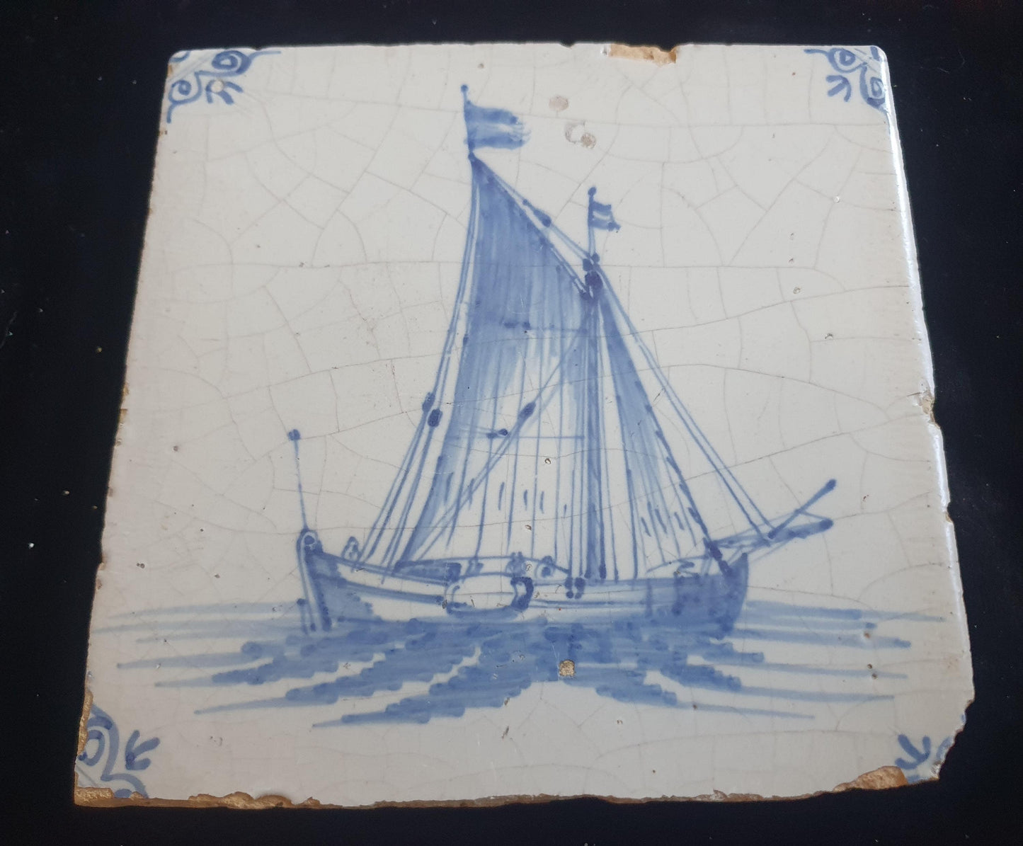 Dutch Delft Blue Tile, Sailing ship, shiptile 17th century, antique collectable and backsplash fireplace kitchen tile