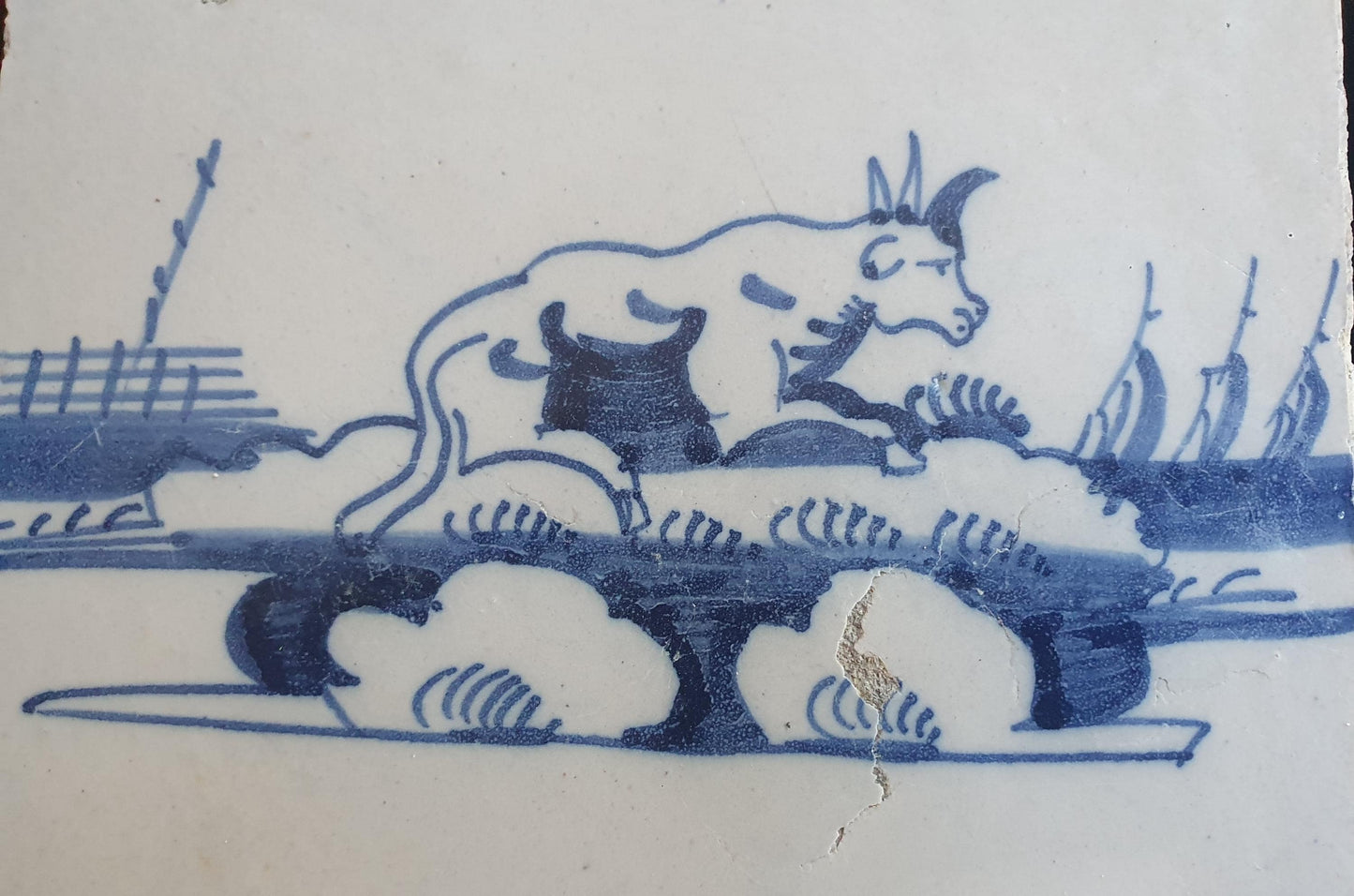 Dutch Delft Blue Tile, Cow, 18th century, landscapetile antique collectable and backsplash fireplace kitchen tiles