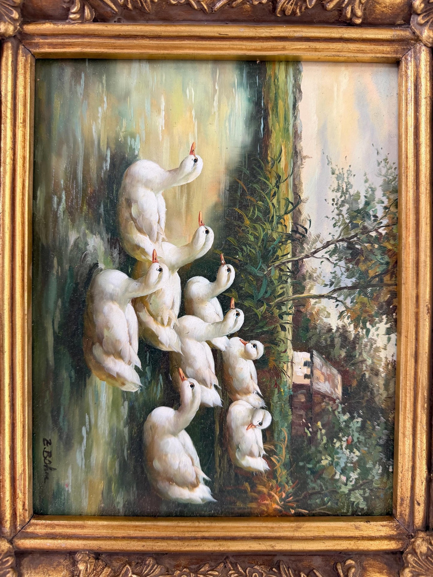 Swiss Oil Painting - a family of white Ducks - E. Bohm, incl. Certificate of authenticity, framed, perfect condition, vintage, 31 x 36 cm