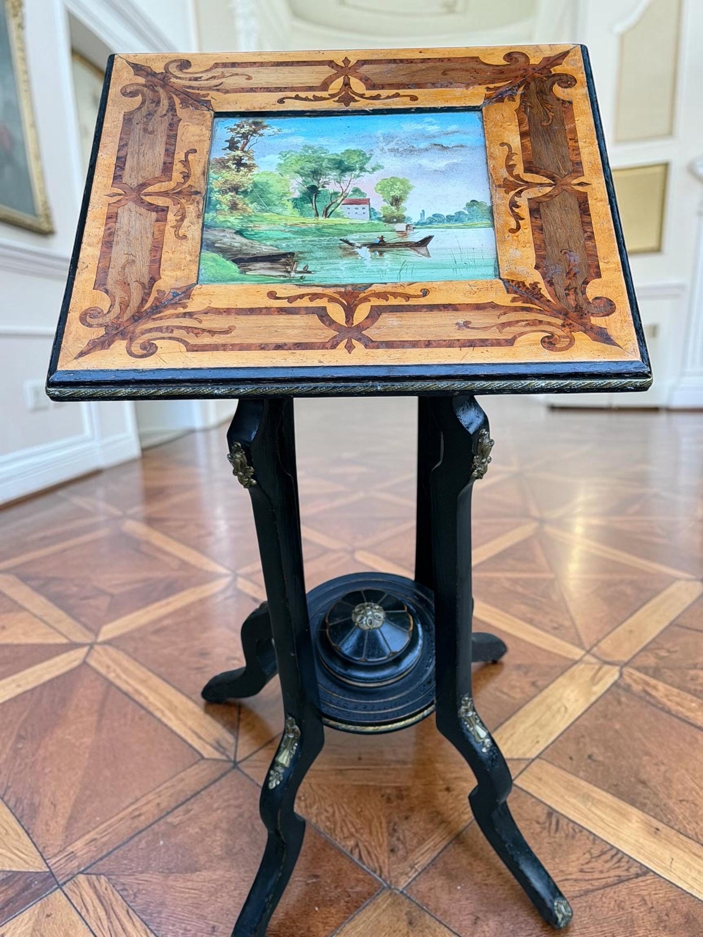 French Napoleon III Marquetry Plant Stand with Hand-Painted Ceramic Tile, circa 1860, antique sidetable.