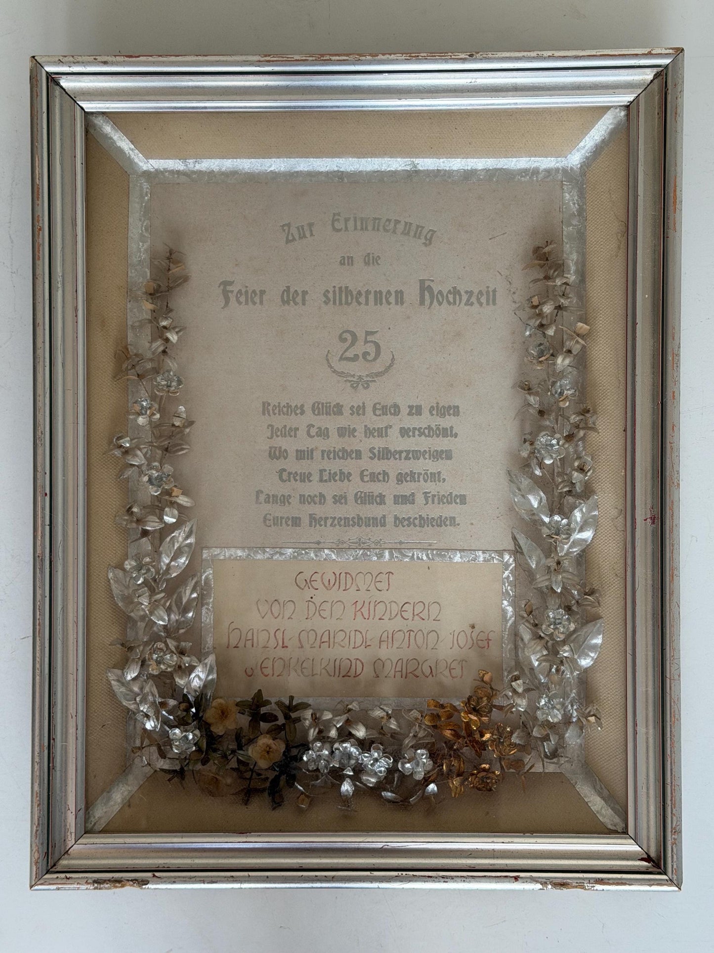 Rare German silver wedding anniversary shadow box dating 1920s. Brocante 3d viewing box 25 wedding w. silver german bridal tiara inside