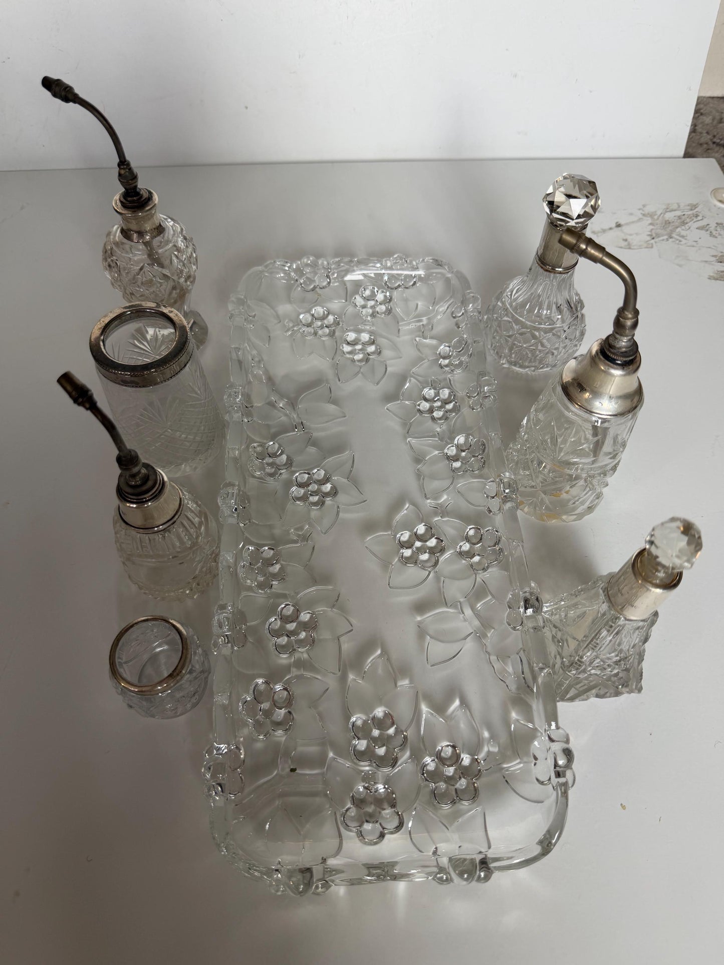 Antique Dressing Table Ensemble with Sterling Silver Mounted crystal, 8 piece victorian