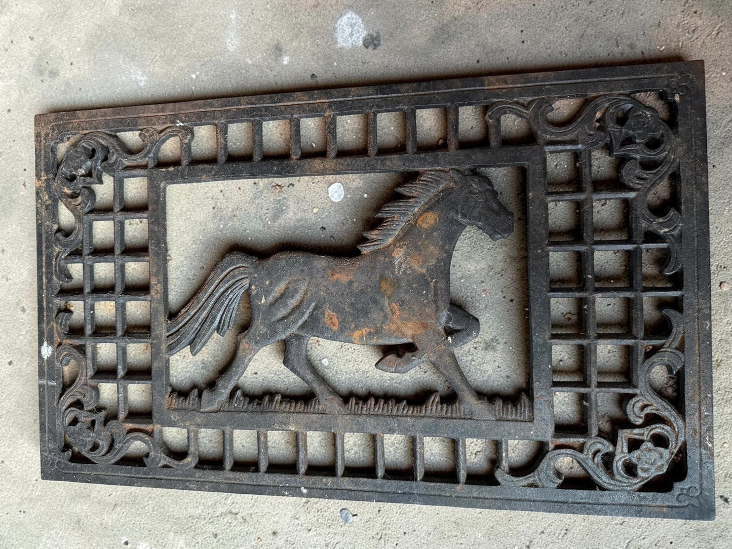 Antique Cast Iron Cellar Grate with Horse Motif, vintage salvage garden ornament