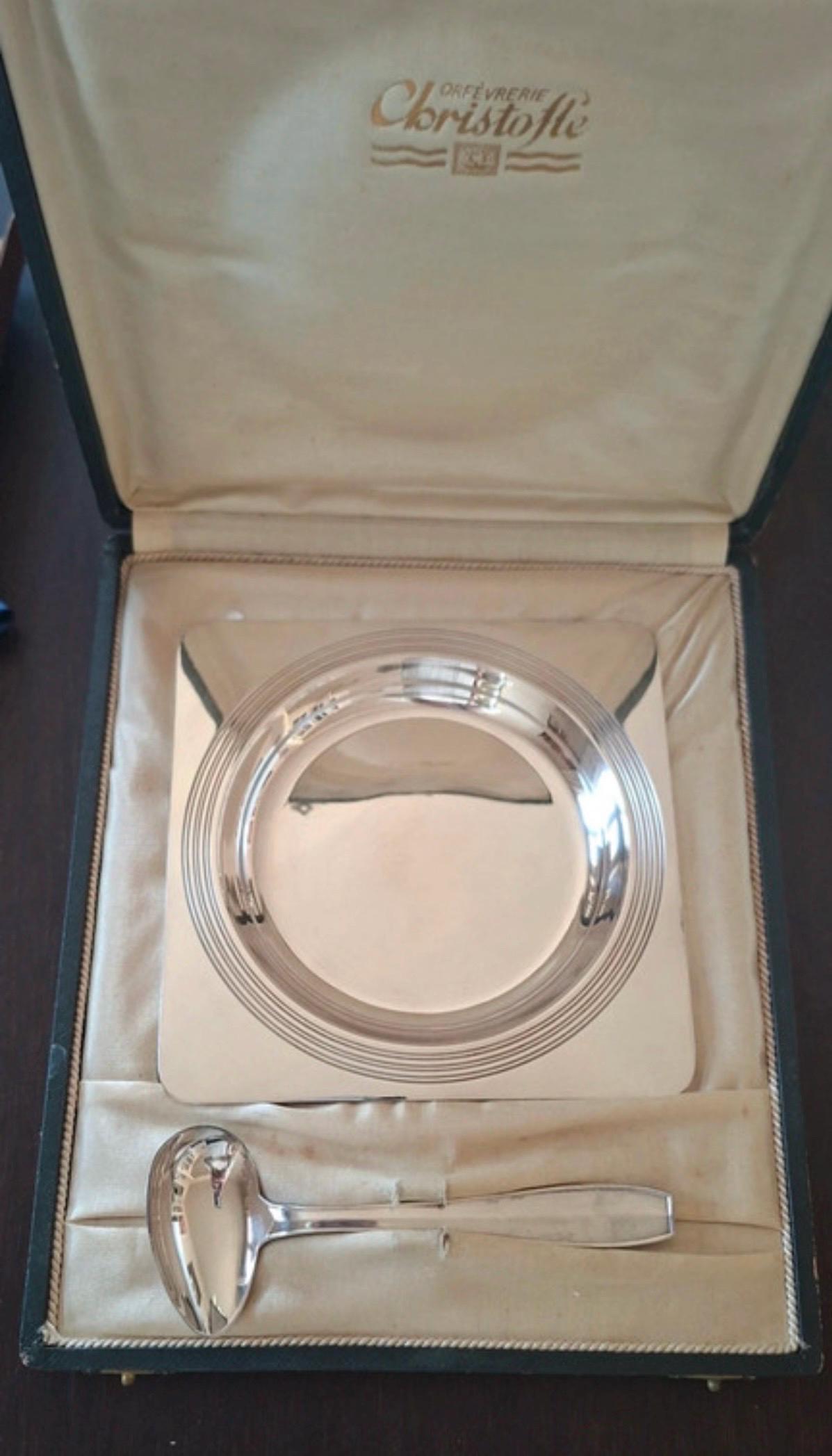 Vintage Christofle Silver Plated Baby Bowl and Spoon Set Original Presentation Box France Christening shower Gift nursery