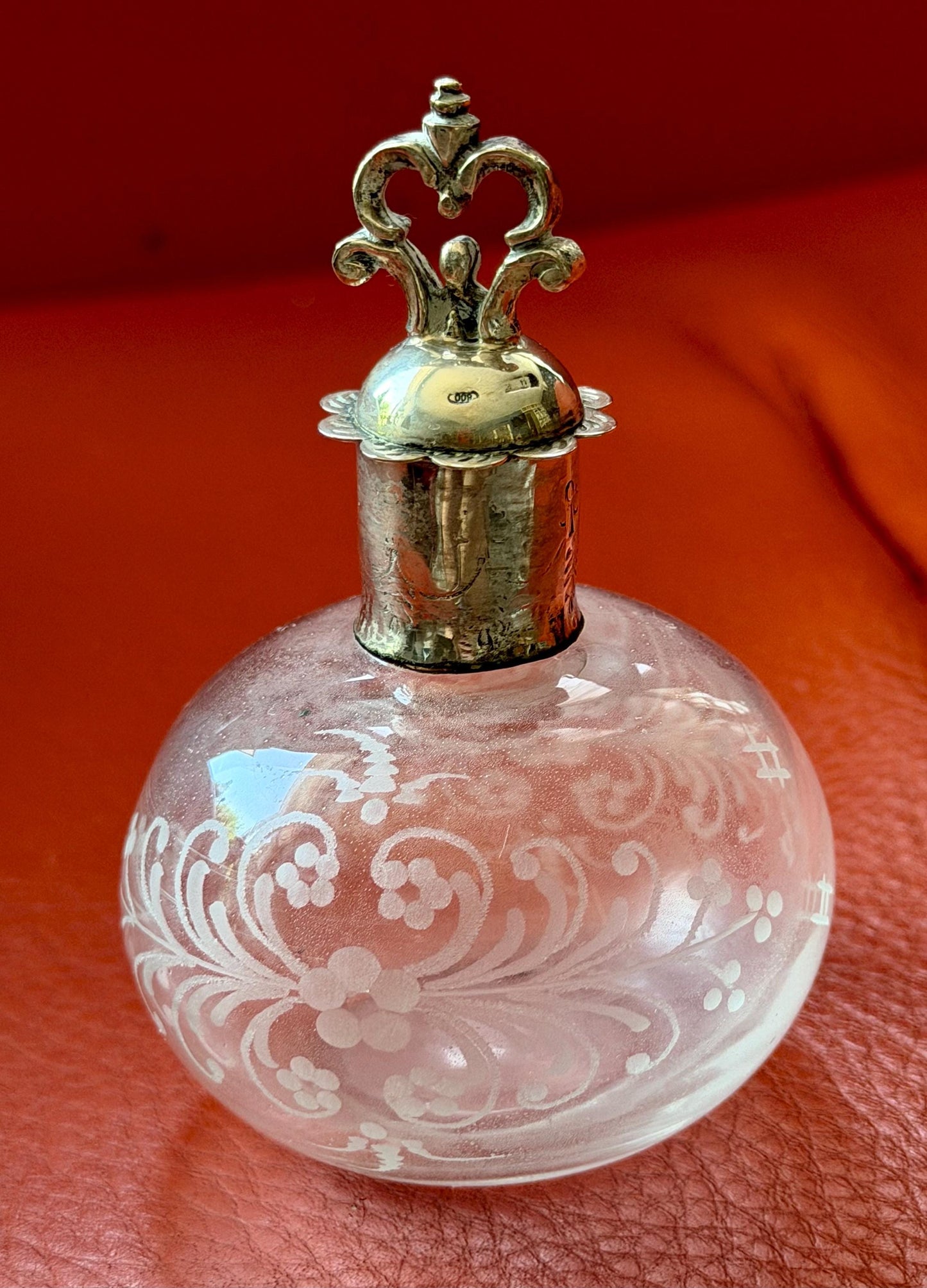 Antique Silver Crystal Edwardian Perfume Bottle engraved Glass Dressing table collectable