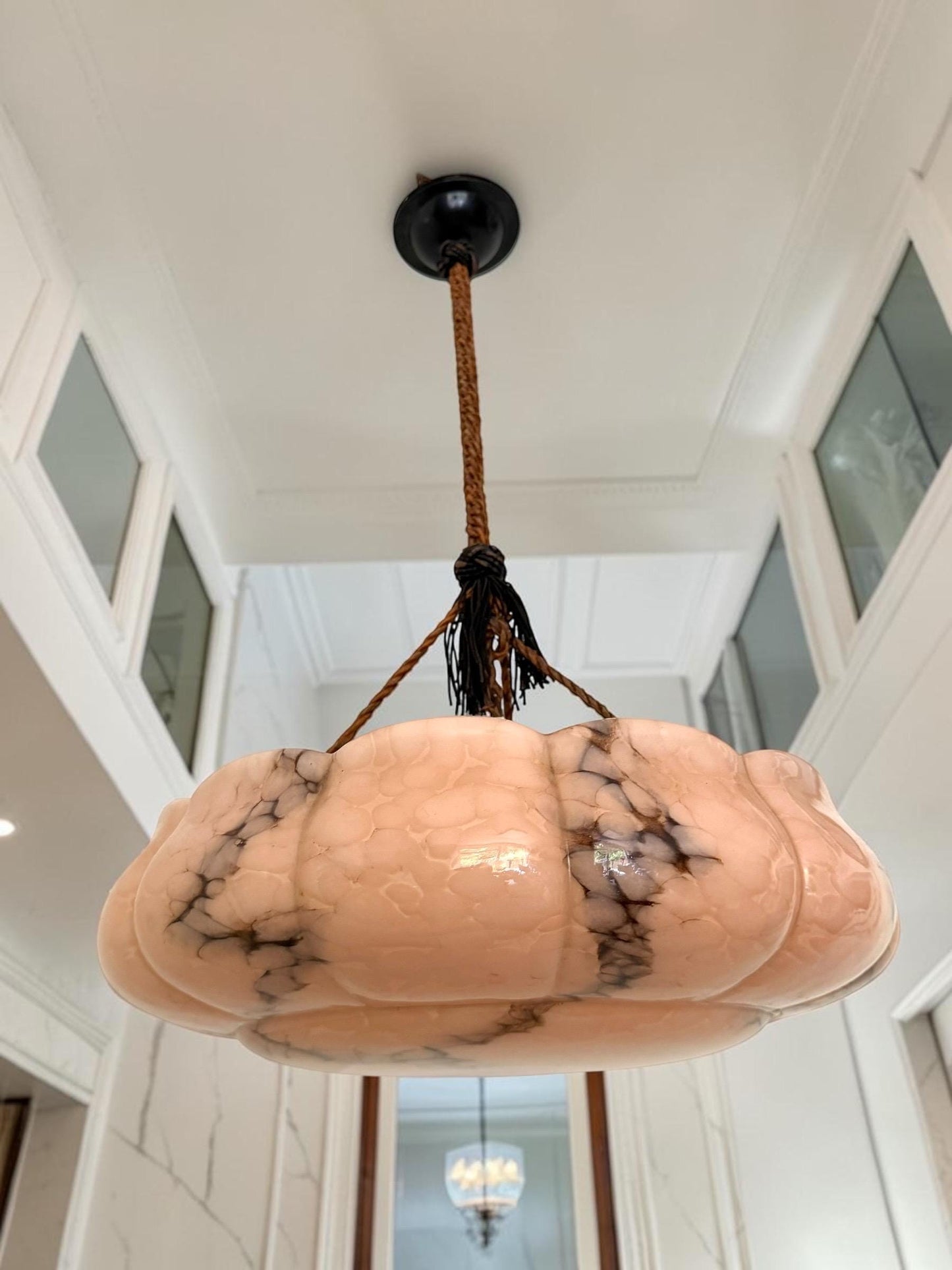 Art deco ceiling Lamp with Opaline Glass, Netherlands, c. 1930 Ceiling lamp hanging , rope