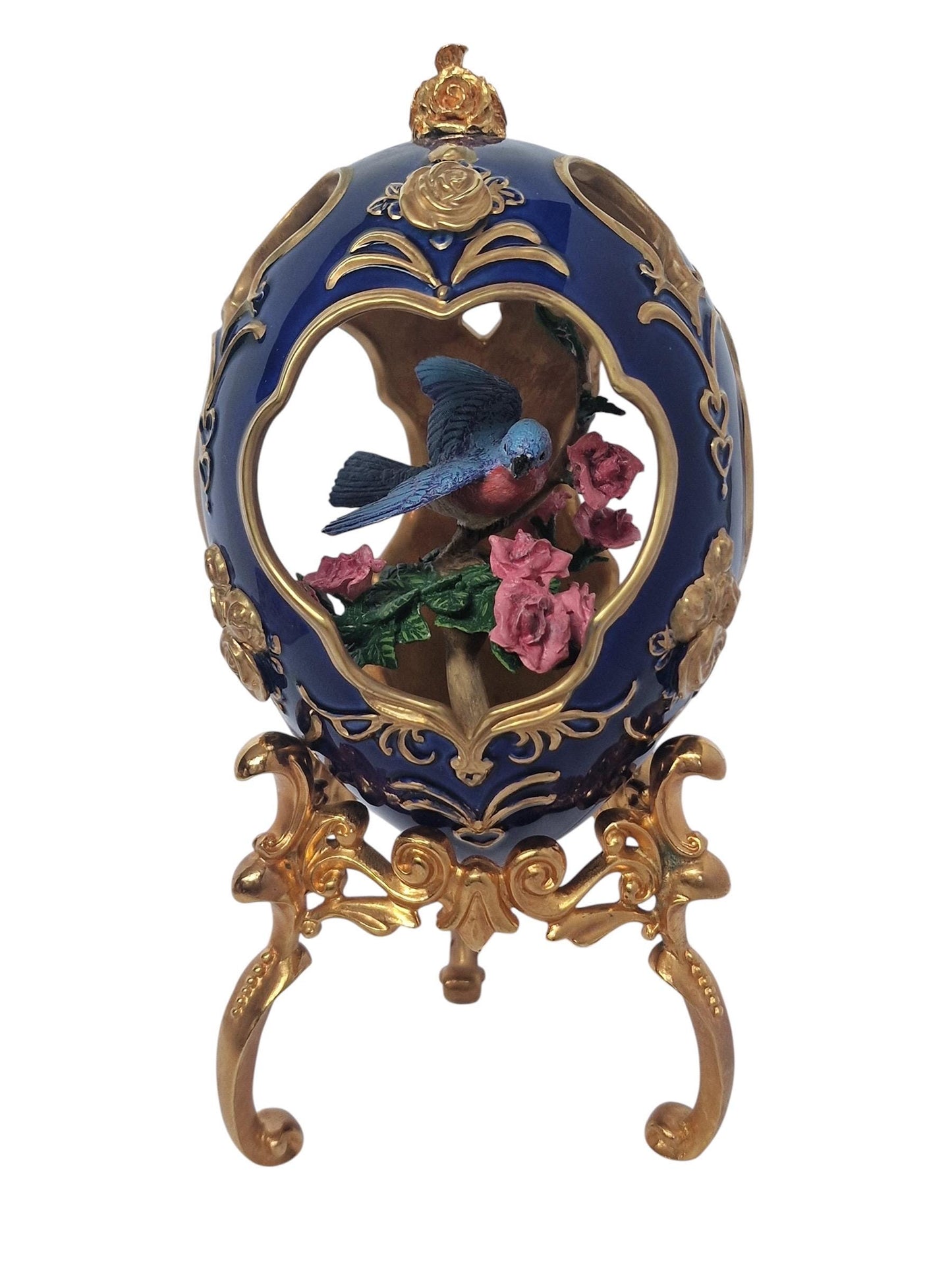 House of Fabergé, Faberge, gilded porcelain large egg with certificate of authenticity, sweet garden of romance, Blue Bird Figurine, retired