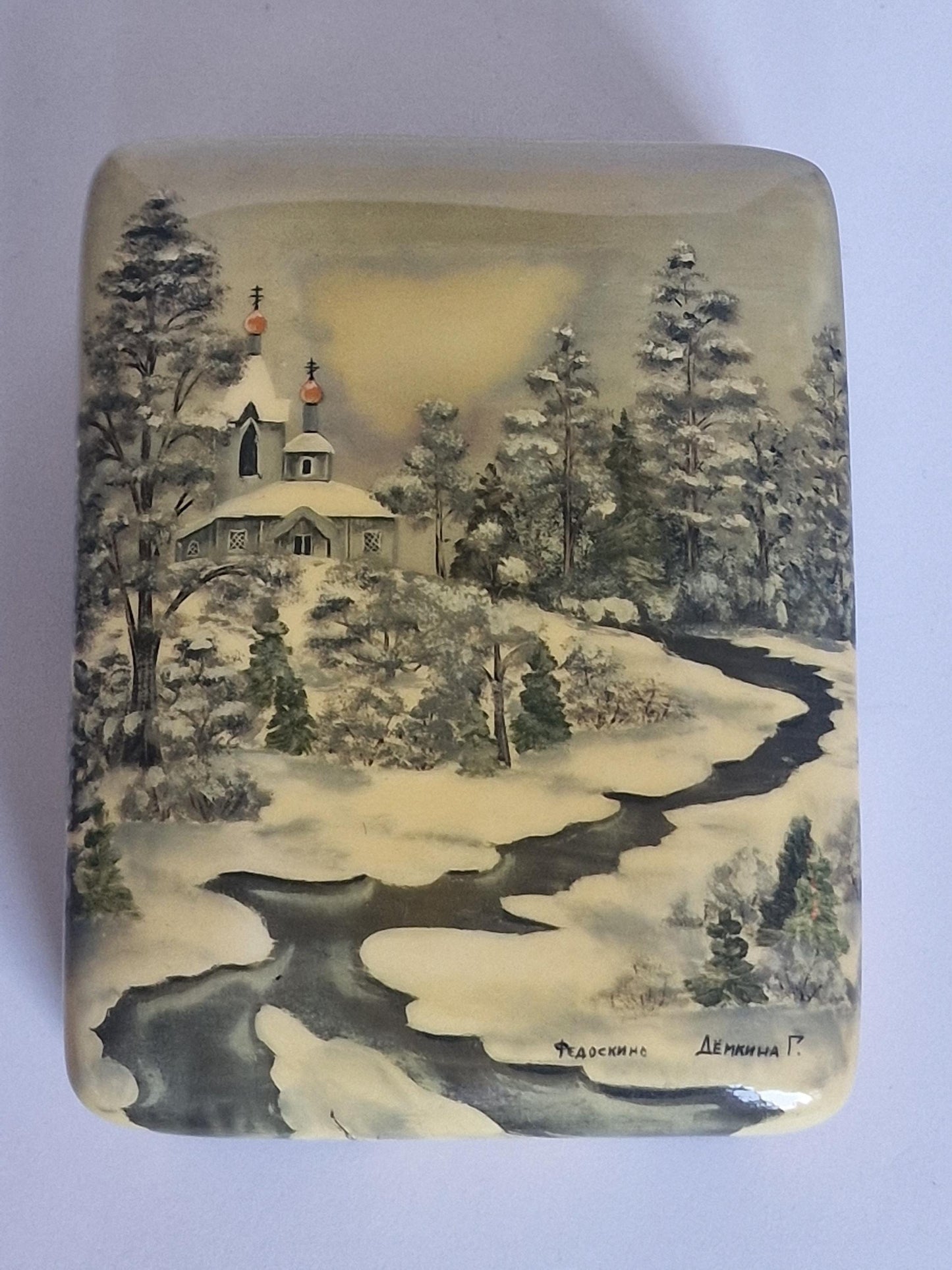 Russian Fedoskino lacquer box by G. Demkina, winter landscape, c. 2000