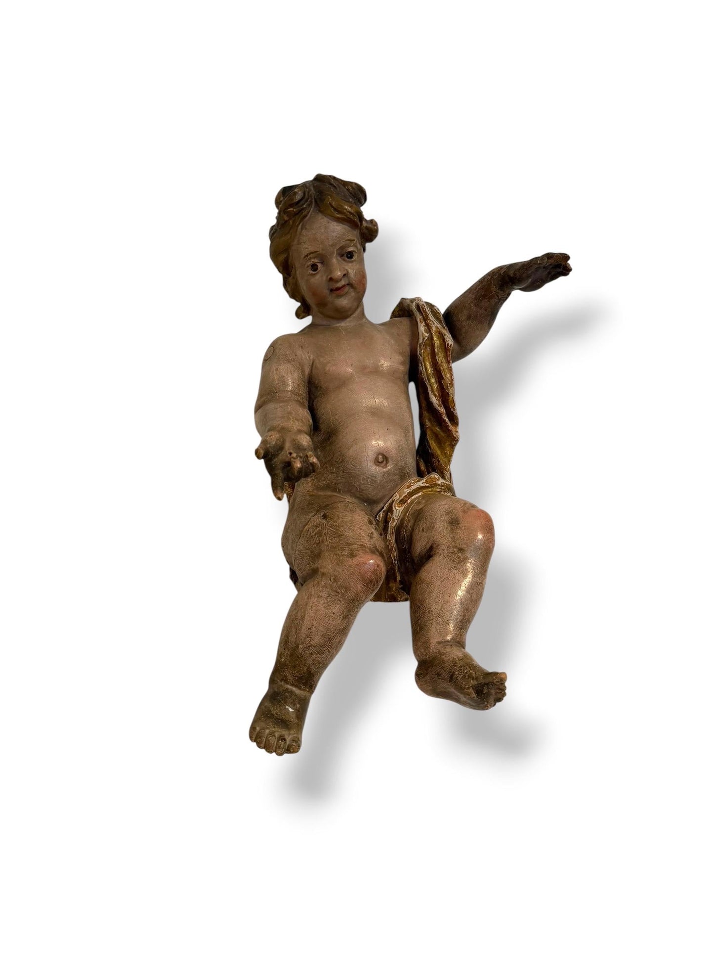Large antique Cherub, 18th Century Austrian Baroque Putto – Polychromed and Gilded Wood