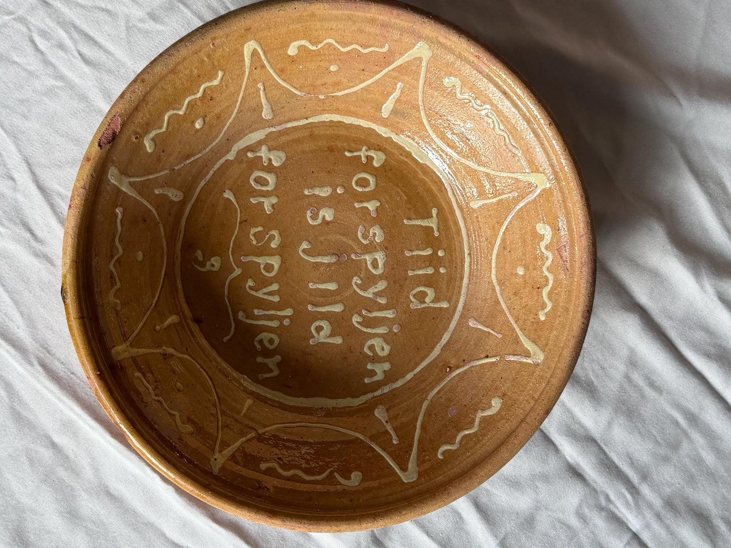 Antique Frisian Slibware, Large Motto Bowl, Circa 190, Handcrafted Earthenware: ‘time wasted is money wasted’glass & ceramic