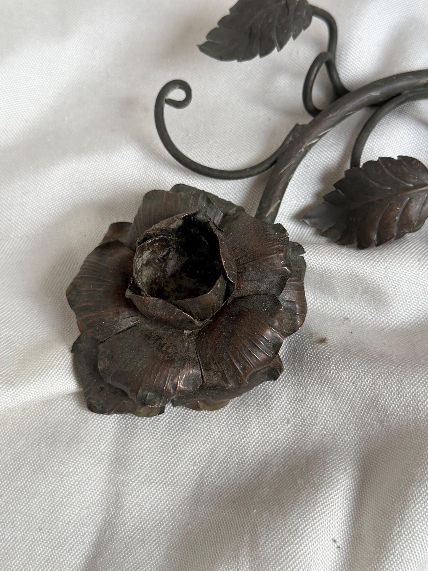 Antique set English Arts and Crafts Bronze Rose Table Candlestick with Hand Forged Snuffer circa 1900 flower.