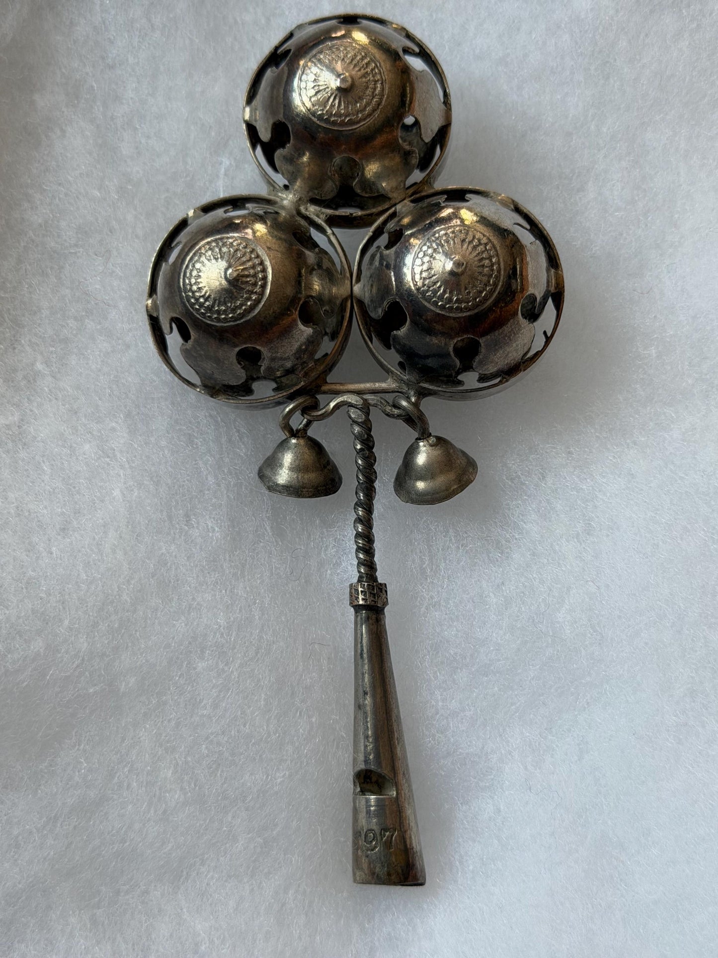 Antique European Silver Baby Rattle Three Bells 19th Century baby Toy nursey child shower gift