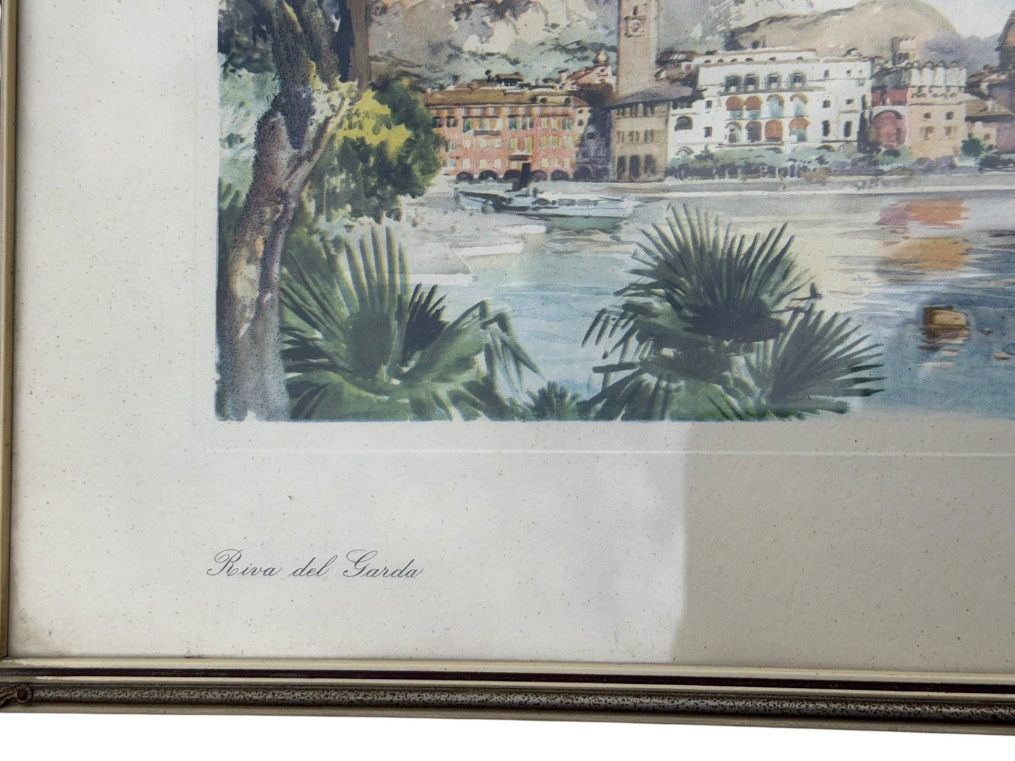 Vintage Watercolour Prints – subtropic mediteranian, early tourism Riva del Garda & Paris – Mid-Century Framed Pair (c.1950s–1960s)