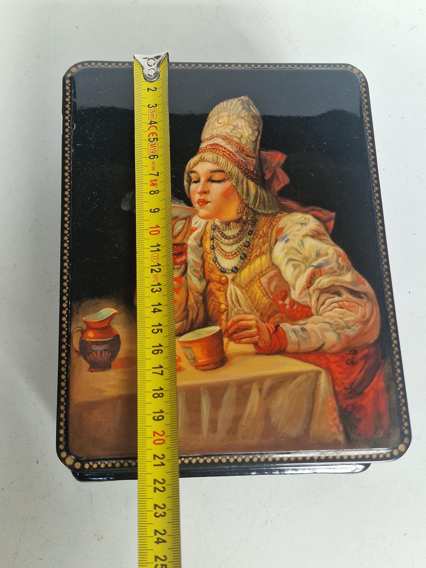 Teaparty - Rozhkov - Large Russian Fedoskino school, xl lacquer box by A.A. Rozhkov, title: tea party - c. 2000