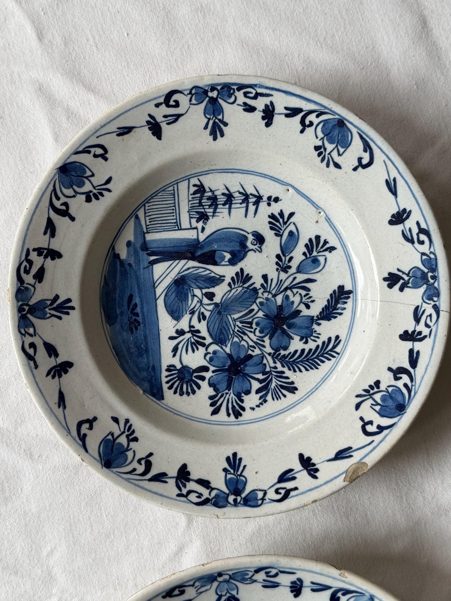 Antique pair of Delft blue Plates, dutch pottery, Handpainted Decor, 18th Century (Set of 2) wallplates birds