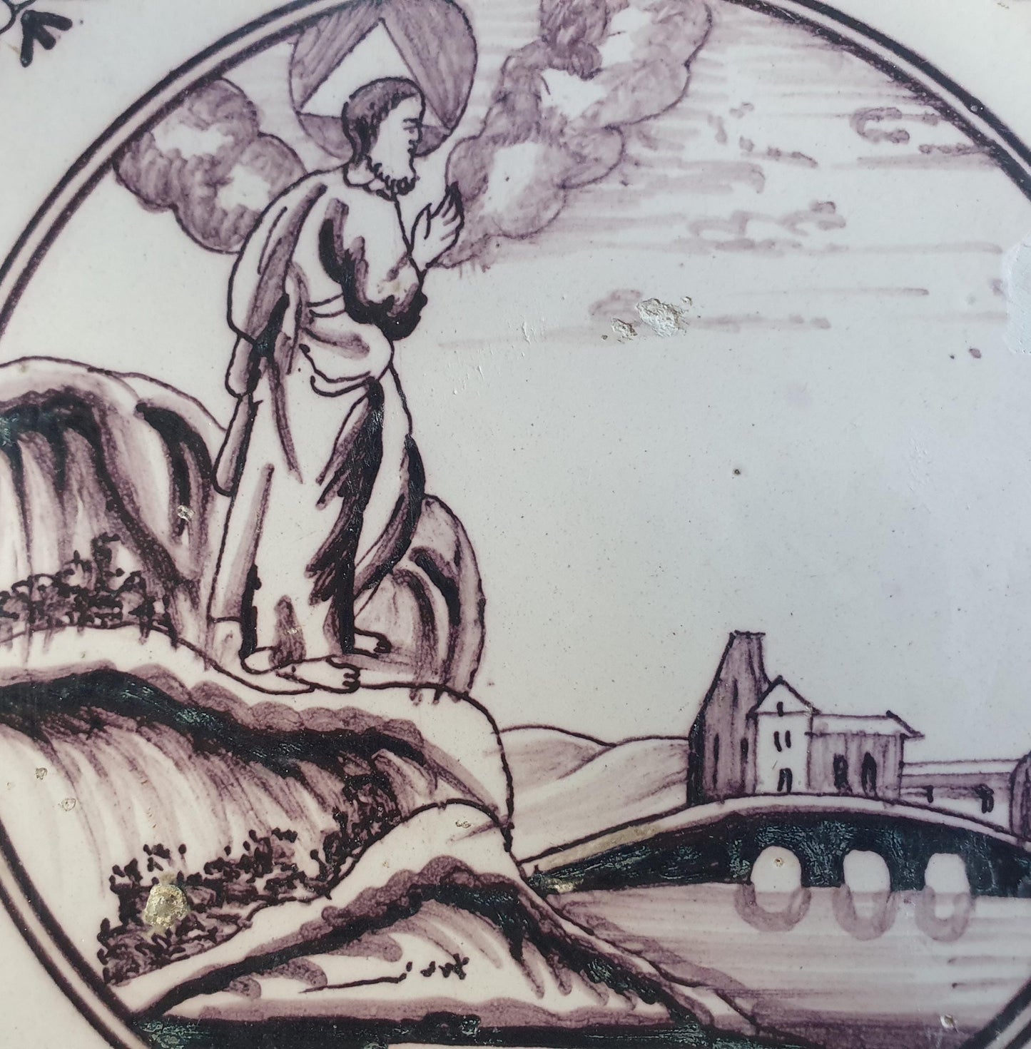 Delft tile, Dutch manganese biblical scene bible tile, 19th century, The Promised Land Seen Delft tile bibel.