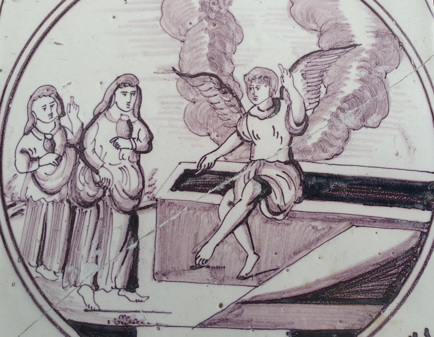 Delft tile, Dutch manganese biblical scene bible tile, 18th century, deals with the resurrection of Jesus and the Great Commission , bibel.