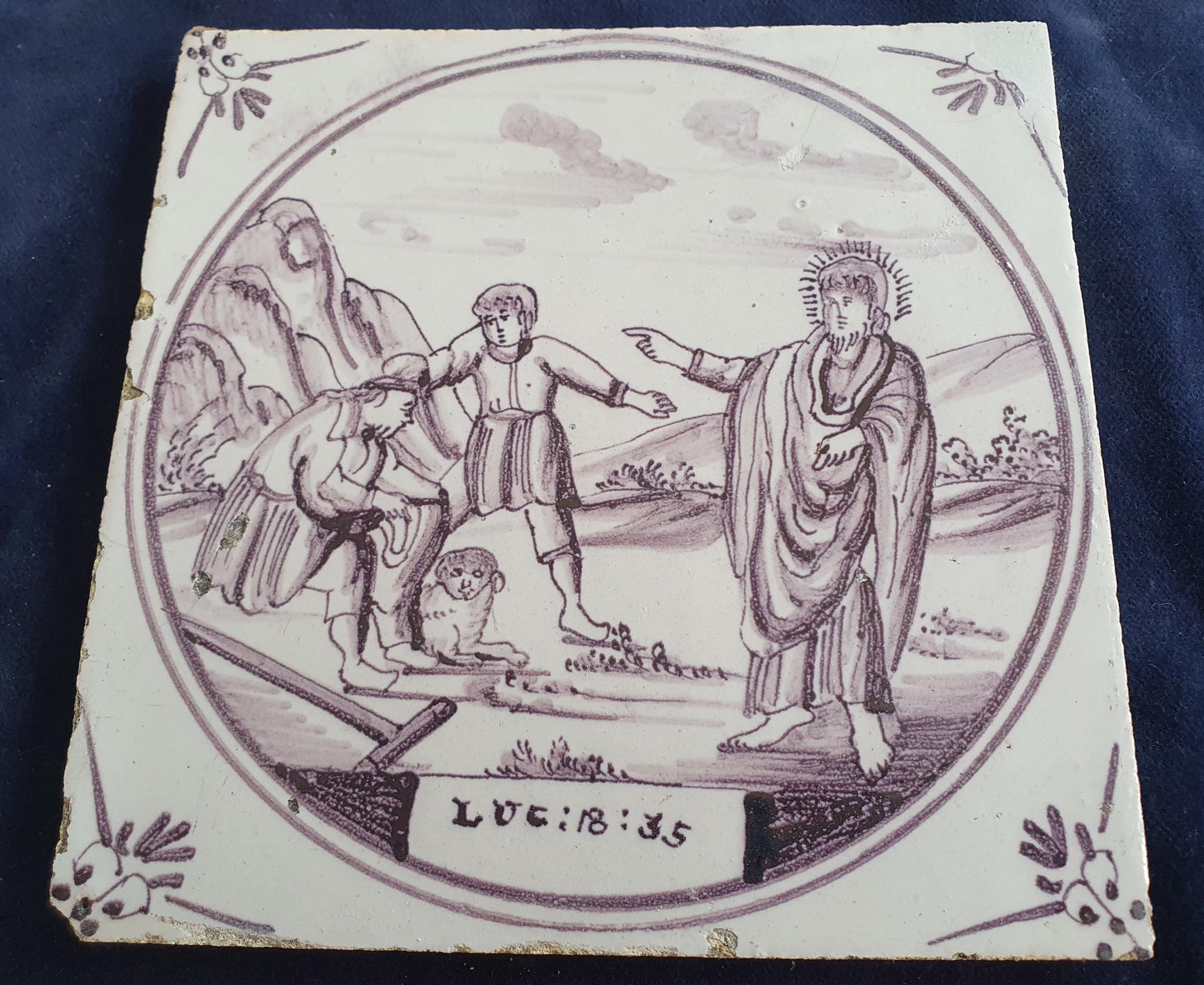 Delft tile, Dutch manganese biblical scene bible tile, 18th century, Healing of the blind man near Jericho Delft tile bibel.
