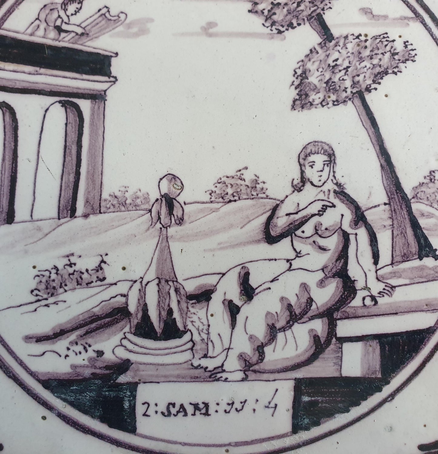 Delft tile, Dutch manganese biblical scene bible tile, 18th century, David and Bathsheba Delft tile bibel.