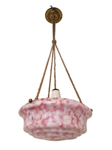 Art deco ceiling Lamp with rose marbled Opaline Glass, Netherlands, c. 1930 Ceiling lamp hanging , rope ausema lights