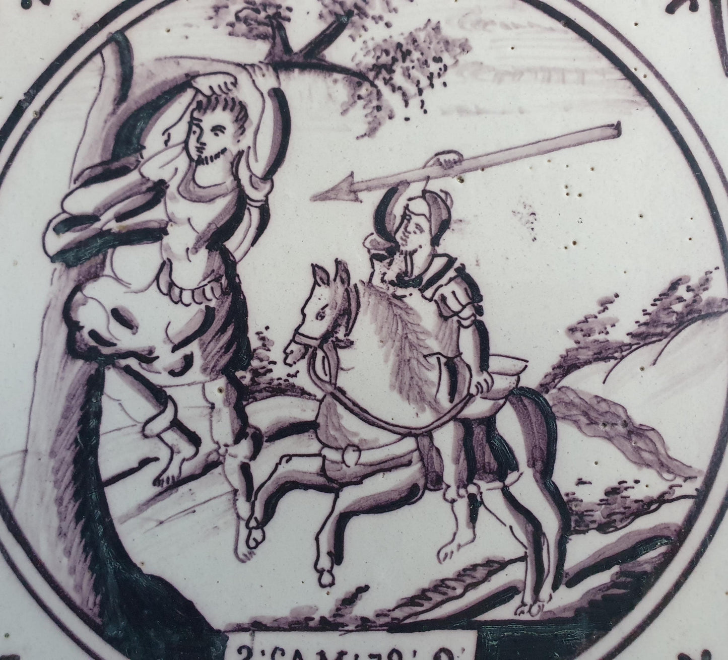 Delft tile, Dutch manganese biblical scene bible tile, 18th century, 2: Sam 18 9 Delft tile bibel.
