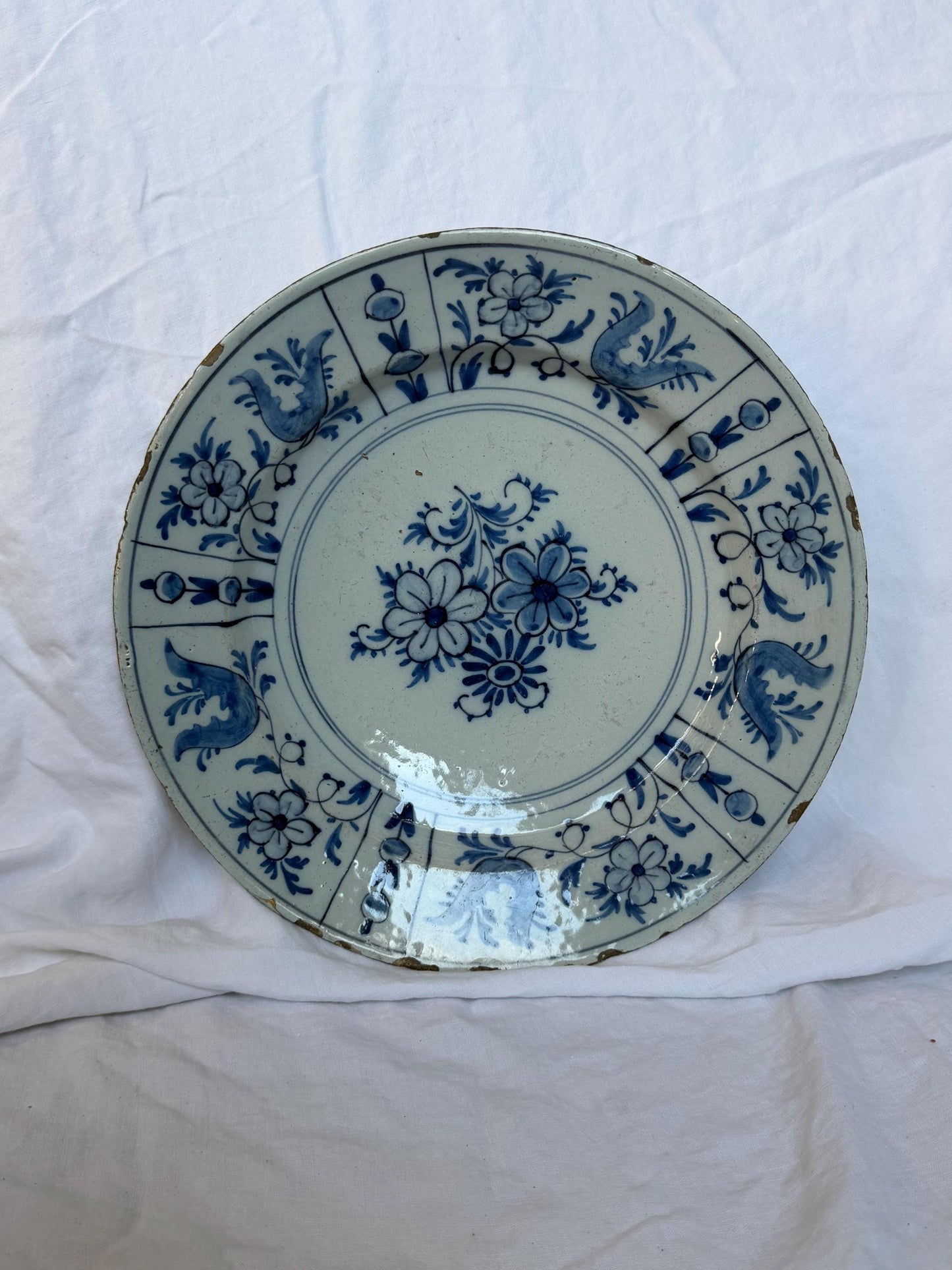 Antique XL Delft Plate, pottery, 18th Century Dutch Chinoiserie, Oriental flower Decor. Large Wall dish wan li style