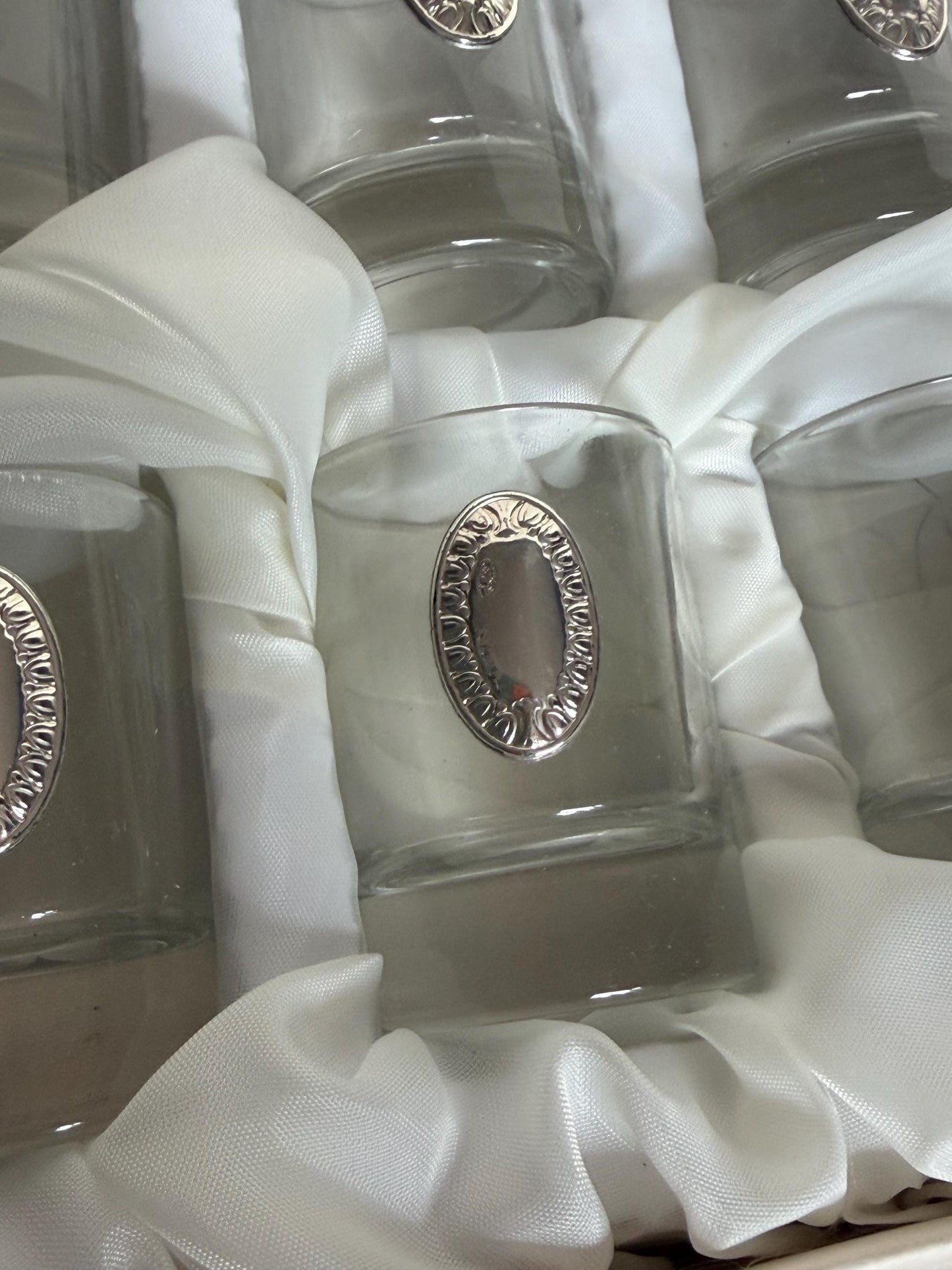 925 silver shot glasses, liquer crystal , vintage italy, with silver shield can be engraved, personalised limoncello ouzo raki