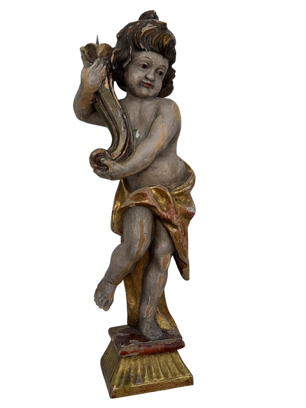 18th Century South German Baroque Polychrome and Giltwood Putto Candle Holder with Iron Candle Spike