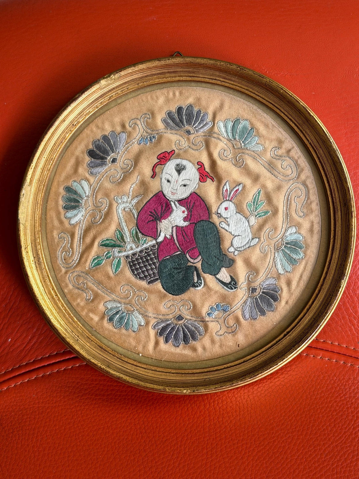 19th Century Chinese Qing Dynasty Silk Embroidery with Boy and Rabbits Gilt frame round