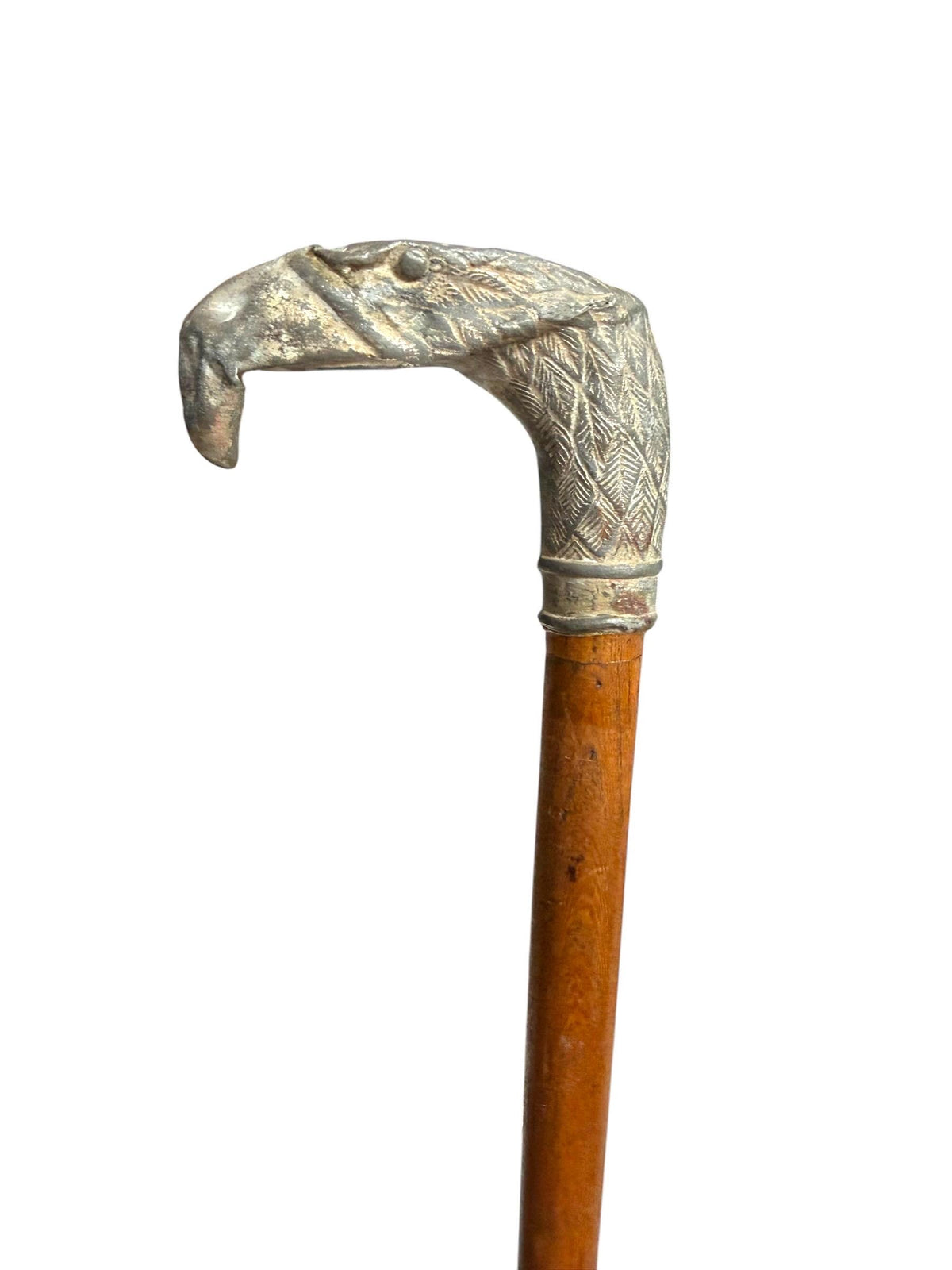 antique walking cane stick with silvered eagle, european collection, gentlemen's flannel stick
