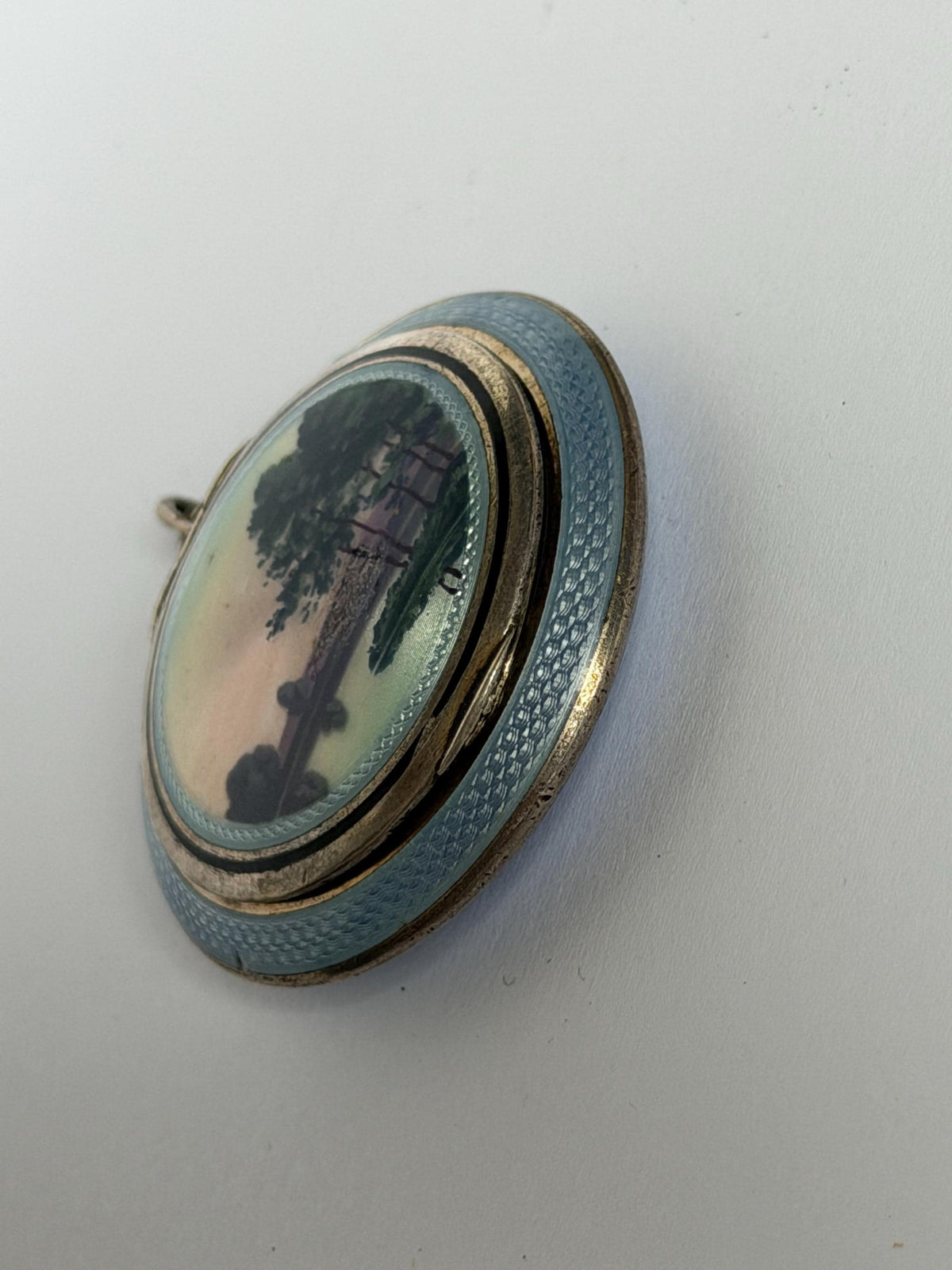 Vintage French Silver Guilloché Enamel Pendant Compact – circa 1930