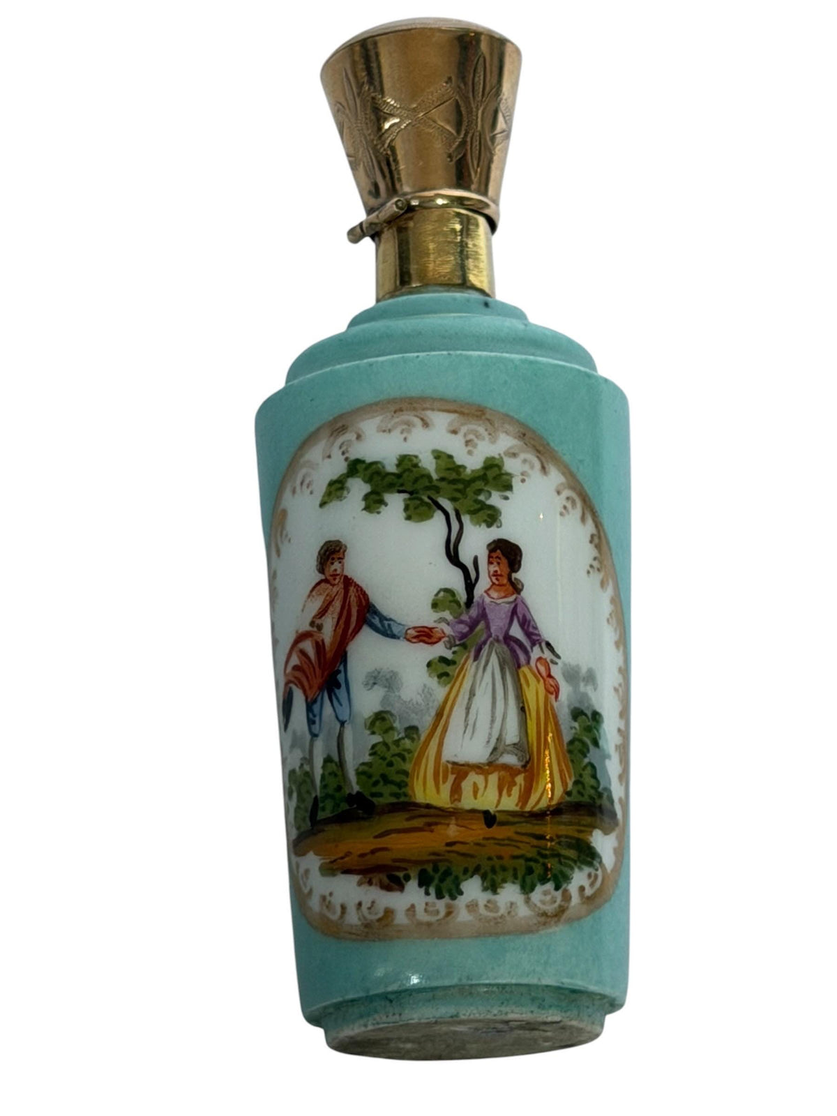 19th Century Dresden handpainted Porcelain Perfume Bottle with 14k Gold, c. 1850–1880 antique