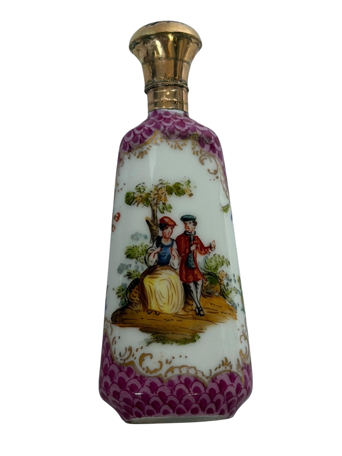 19th Century Dresden handpainted Porcelain Perfume Bottle with 14k Gold, c. 1850–1880 antique