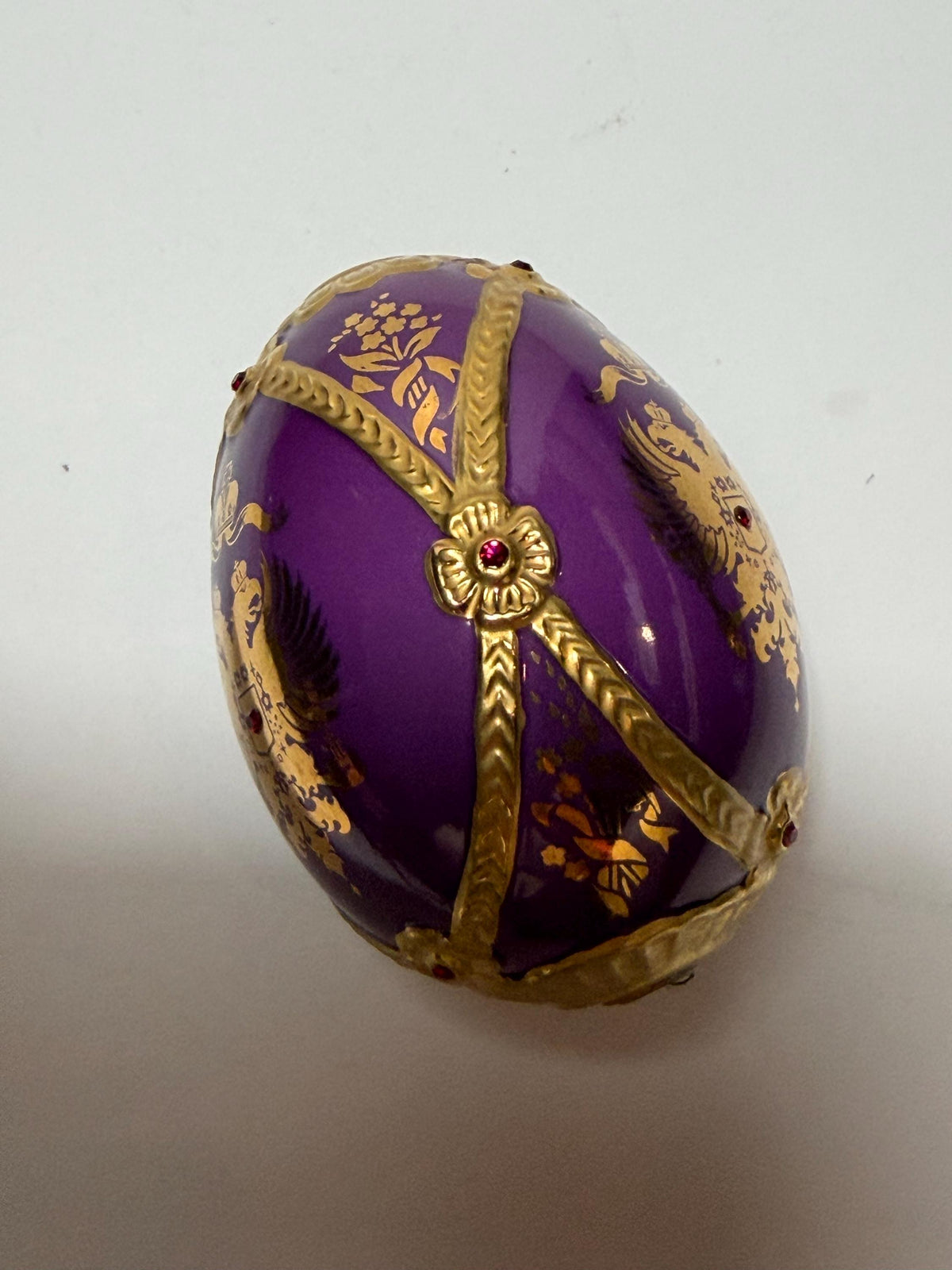 House of Fabergé porcelain Collector Egg, Faberge 24K gilt, crystals, purple eagle faberge
