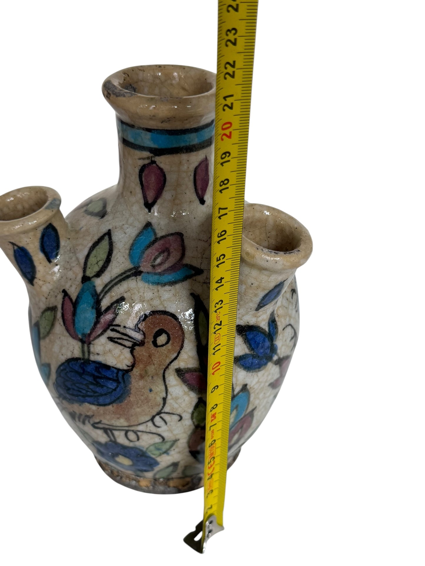 19th Century Qajar Four-Spout Tulip Vase – Polychrome Bird & Floral Pottery, middle east ceramic faience.